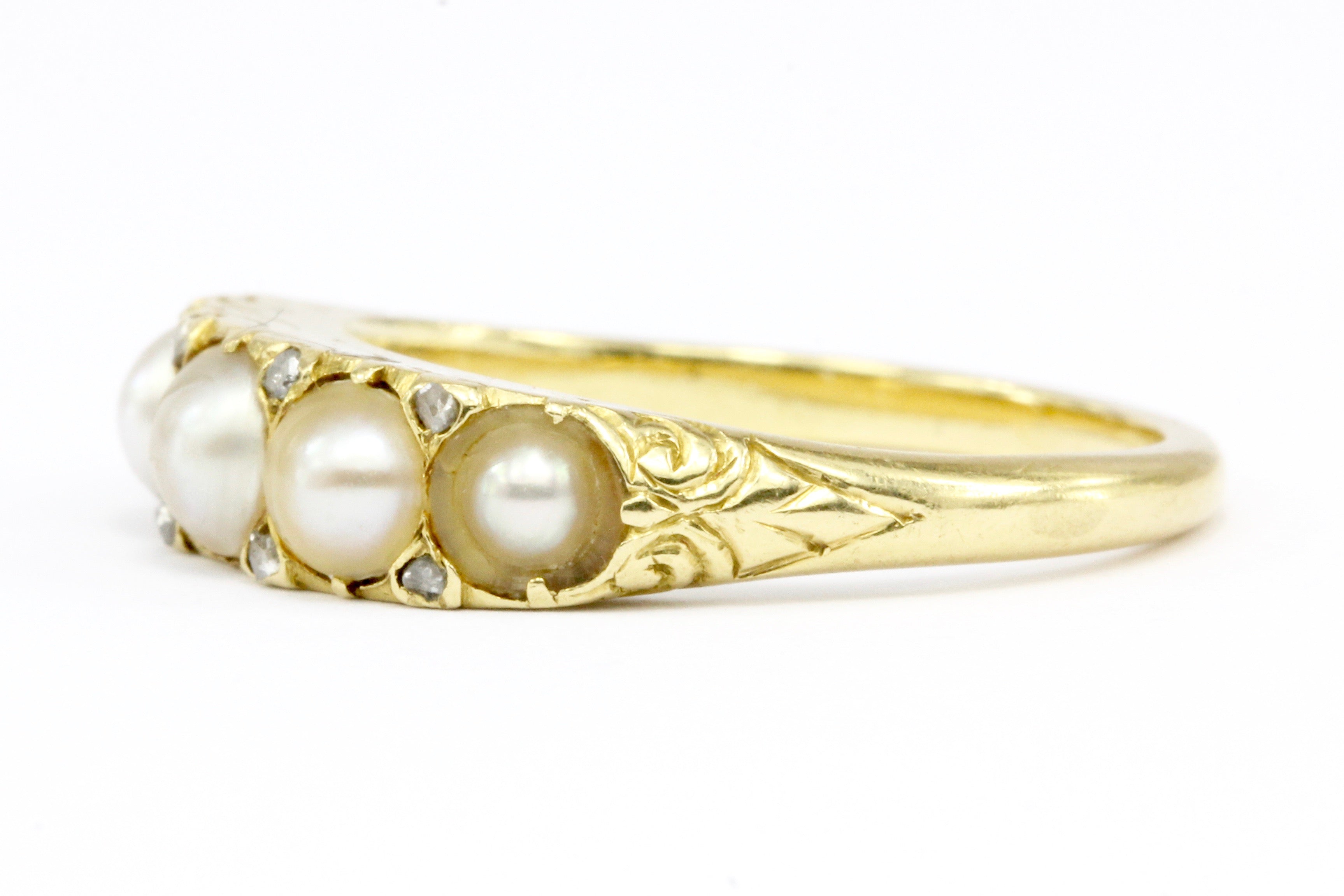 Victorian 18K Yellow Gold Rose Cut Diamond and Natural Pearl Band Ring Size 6.75 - Queen May