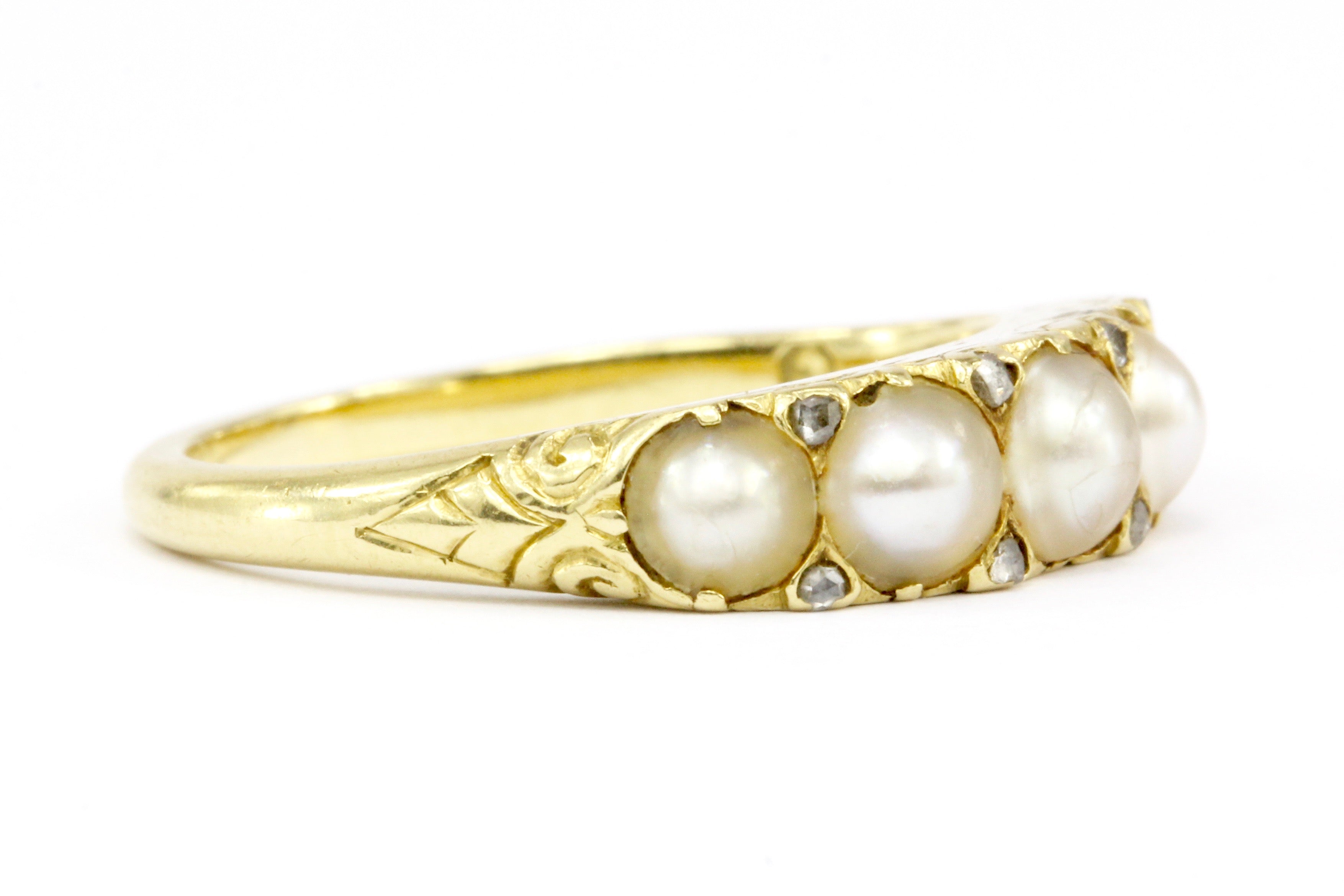 Victorian 18K Yellow Gold Rose Cut Diamond and Natural Pearl Band Ring Size 6.75 - Queen May