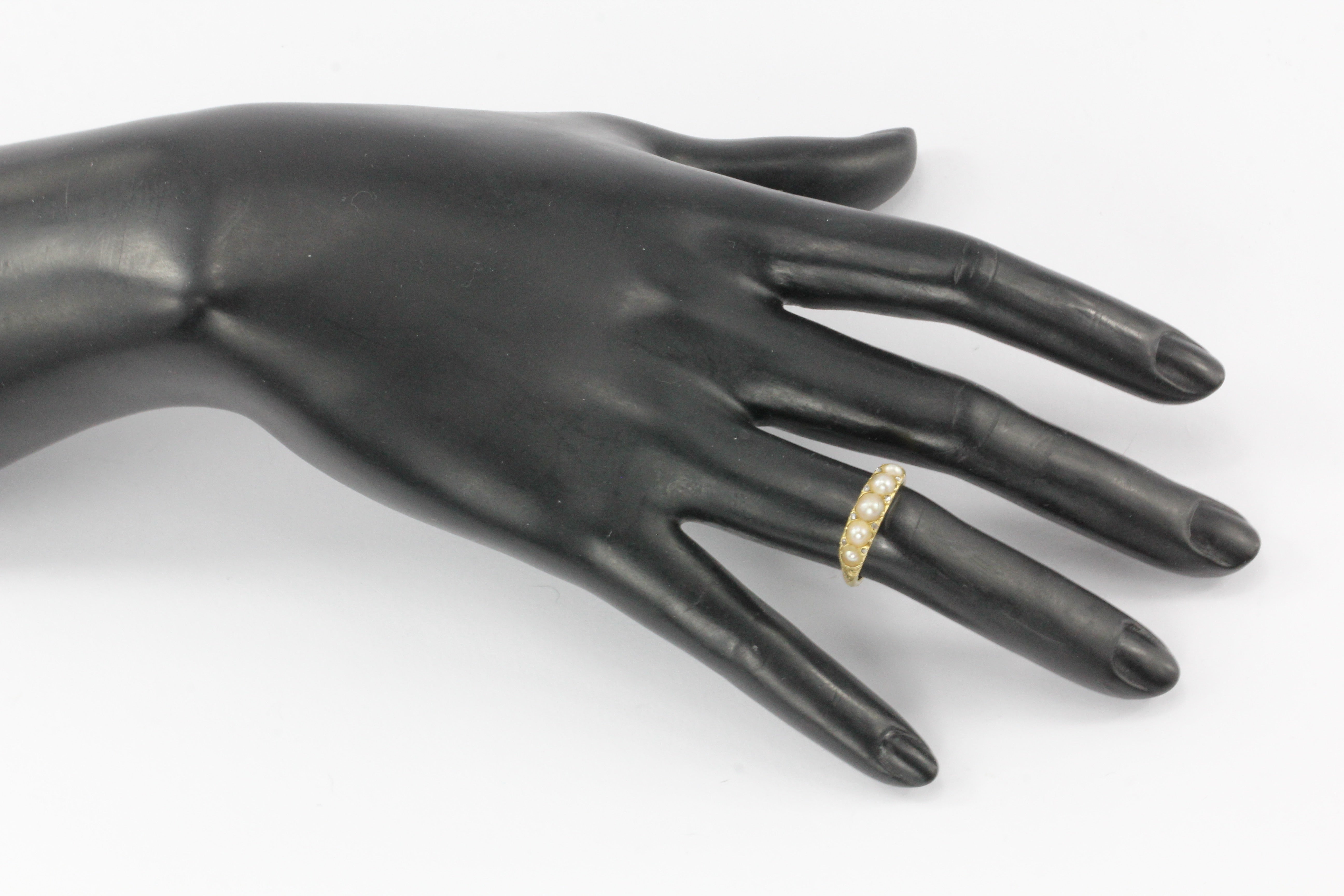 Victorian 18K Yellow Gold Rose Cut Diamond and Natural Pearl Band Ring Size 6.75 - Queen May