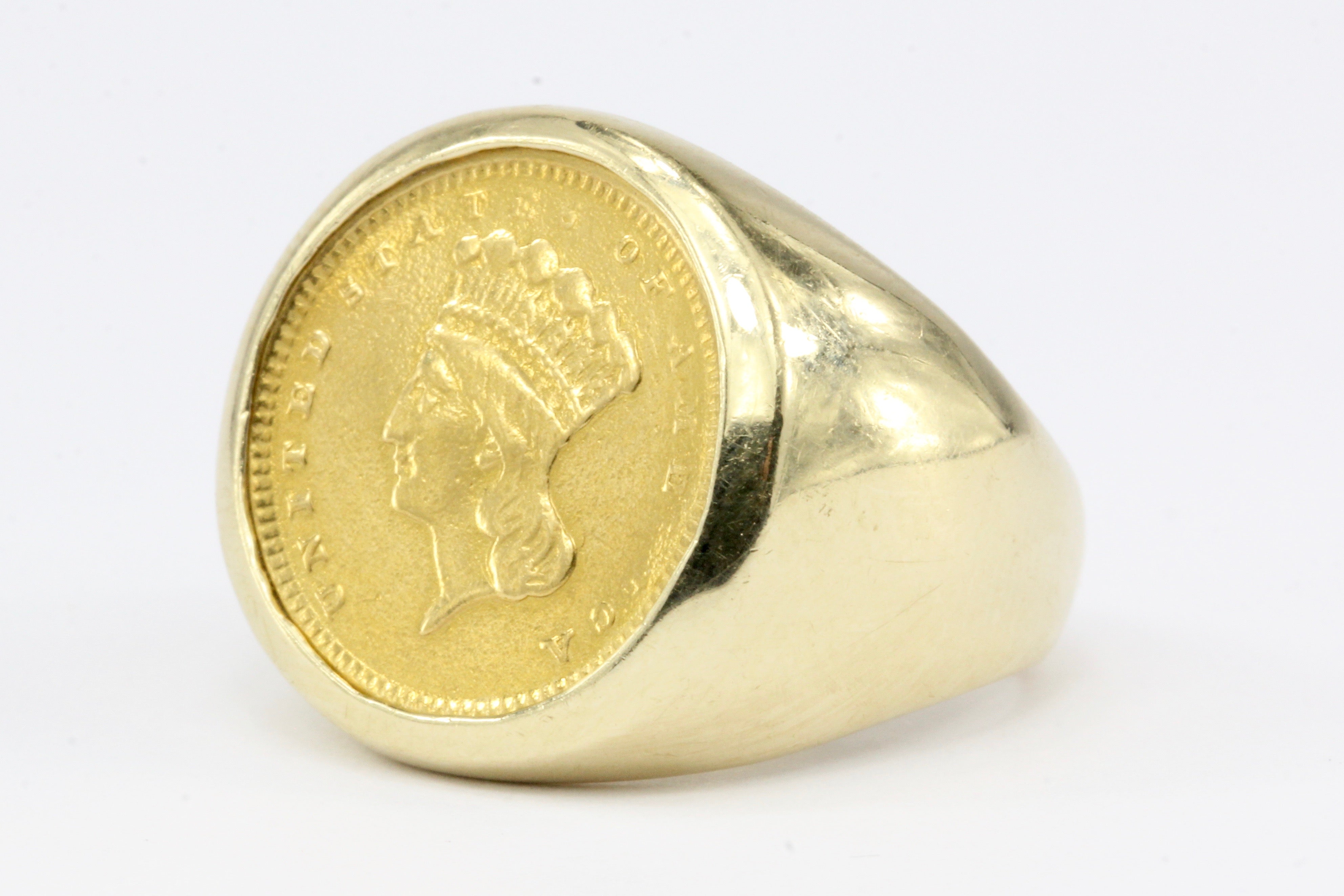 1856 $1 US Indian Head Princess 14K Yellow Gold Ring Size 4.5 - Queen May