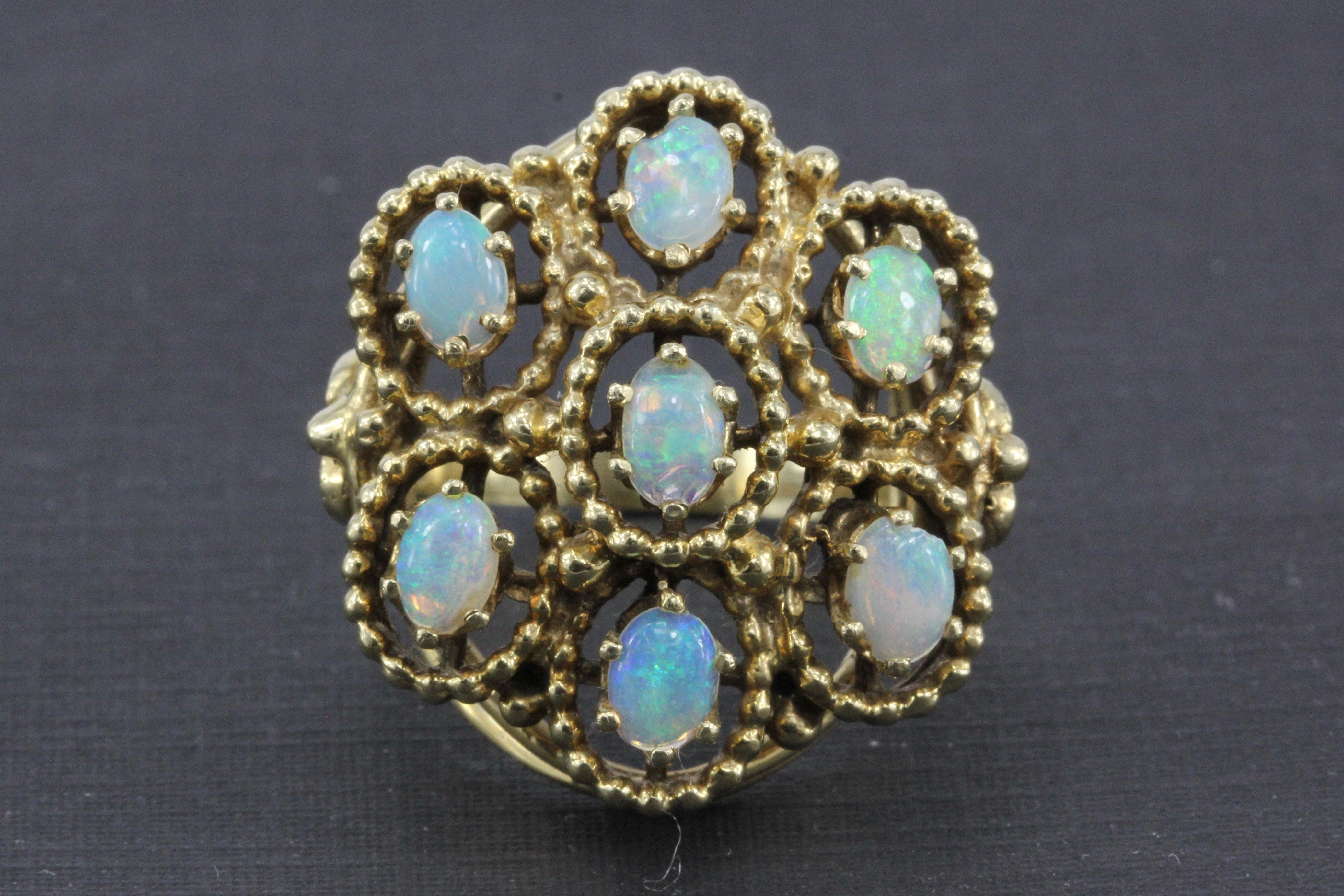 Mid Century 14K Yellow Gold Opal Flower Cocktail Ring Size 7 - Queen May