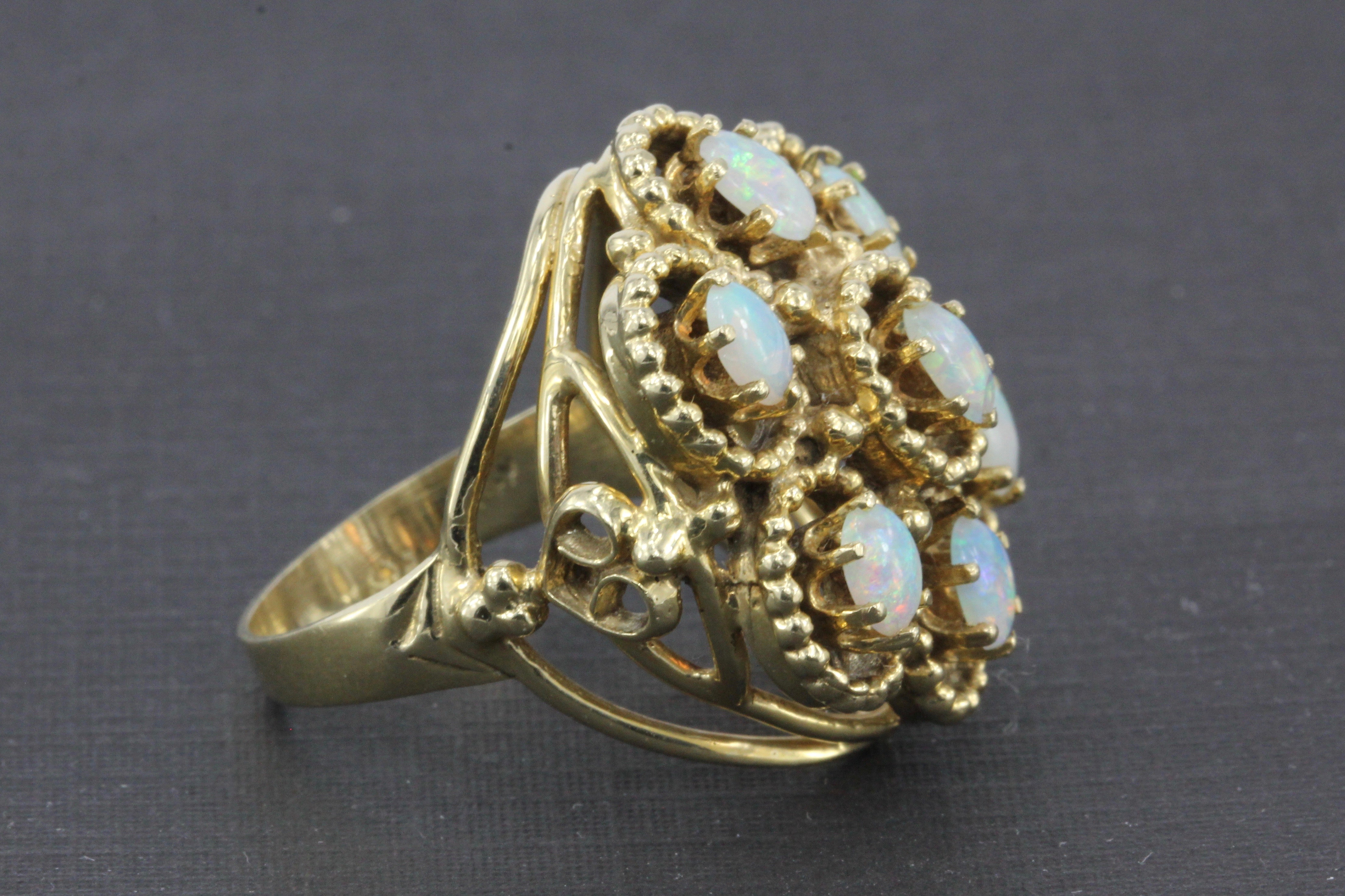 Mid Century 14K Yellow Gold Opal Flower Cocktail Ring Size 7 - Queen May
