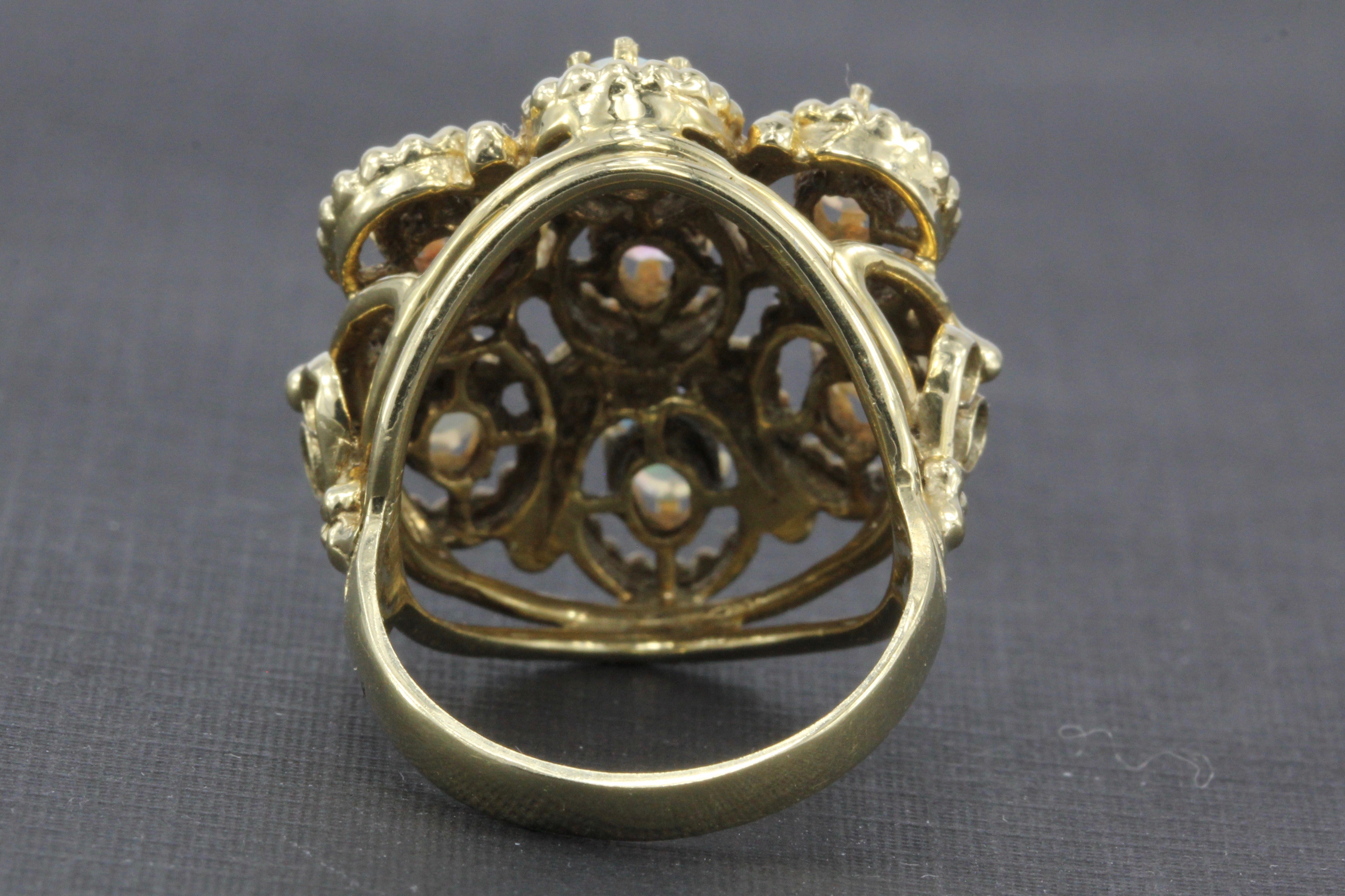 Mid Century 14K Yellow Gold Opal Flower Cocktail Ring Size 7 - Queen May