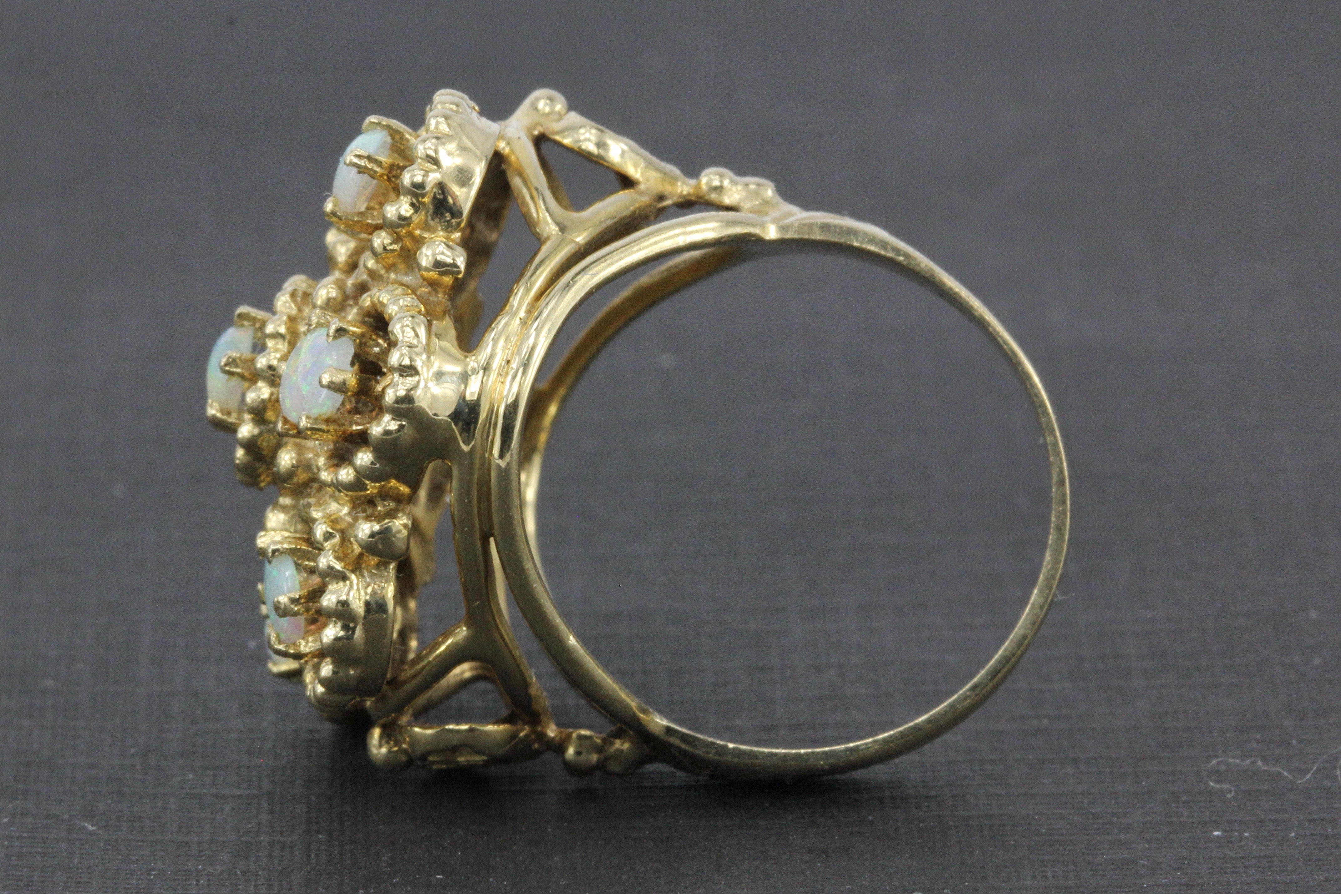 Mid Century 14K Yellow Gold Opal Flower Cocktail Ring Size 7 - Queen May