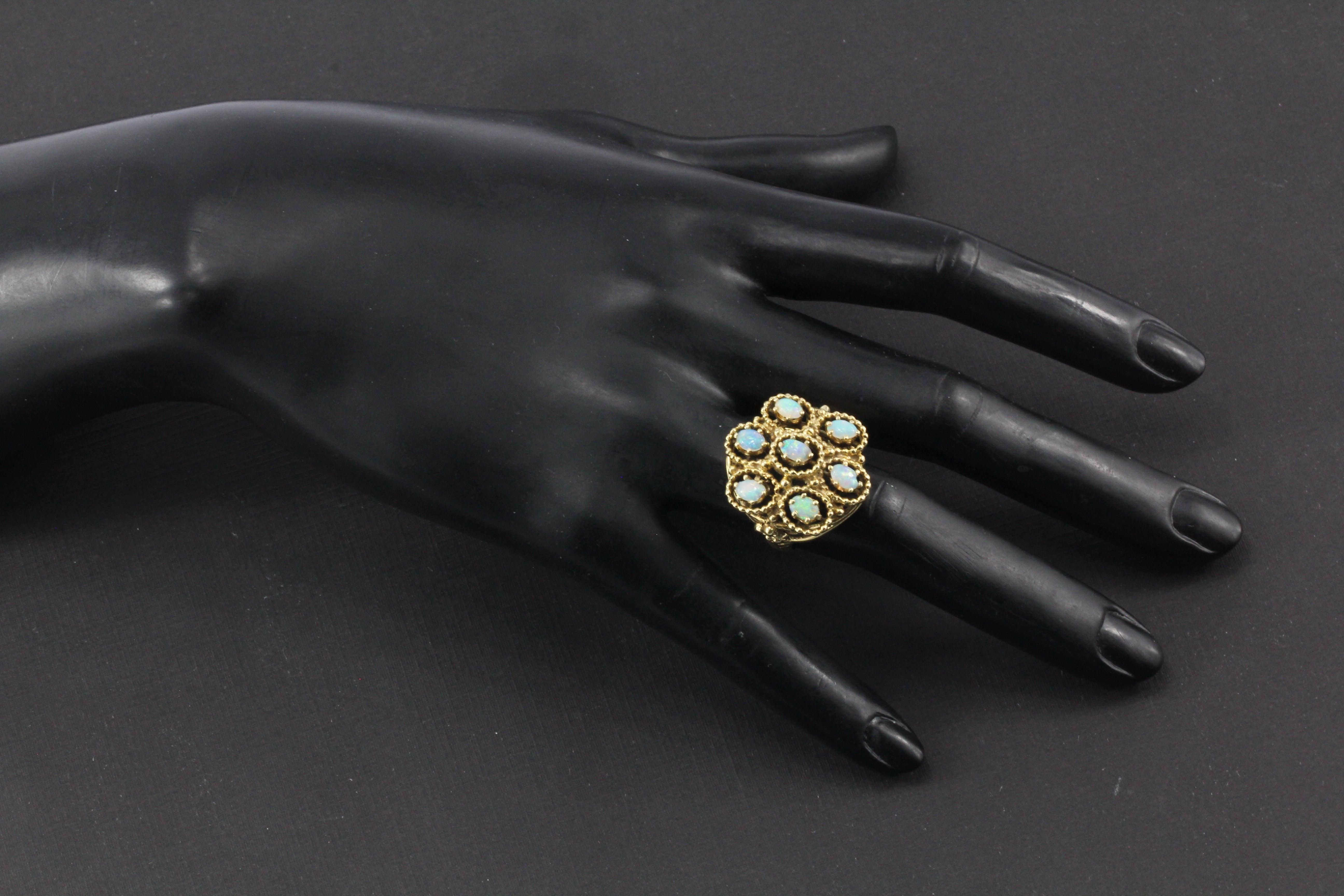 Mid Century 14K Yellow Gold Opal Flower Cocktail Ring Size 7 - Queen May