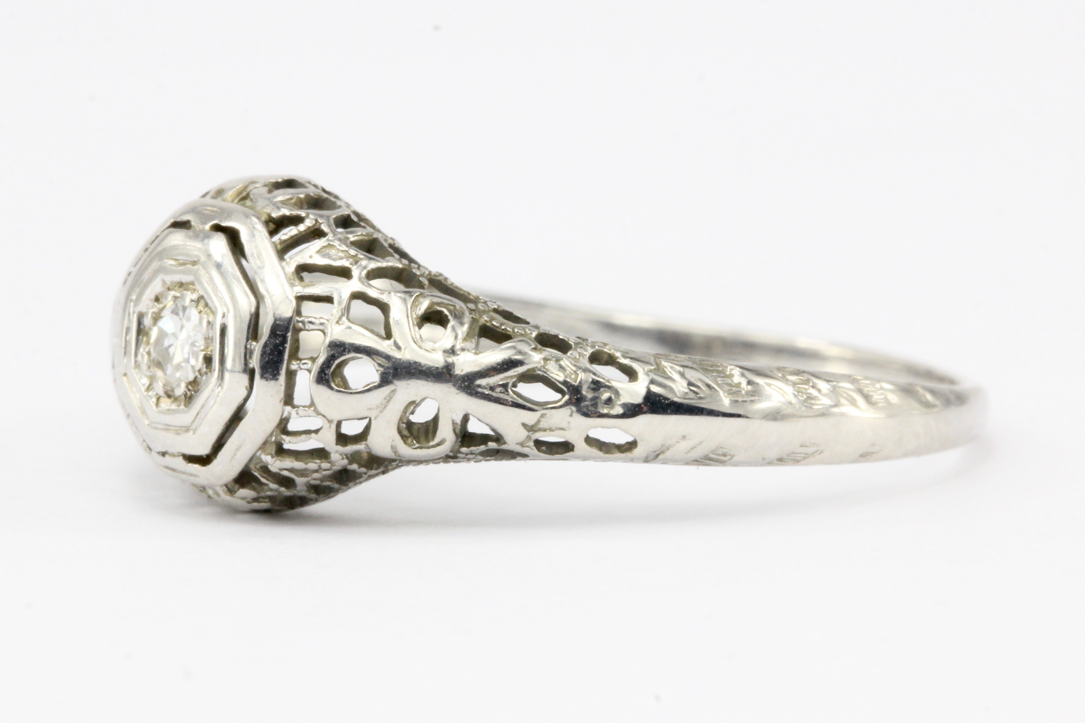 Art Deco 18K White Gold .05 CT Diamond Filigree Engagement Ring Size 8 - Queen May