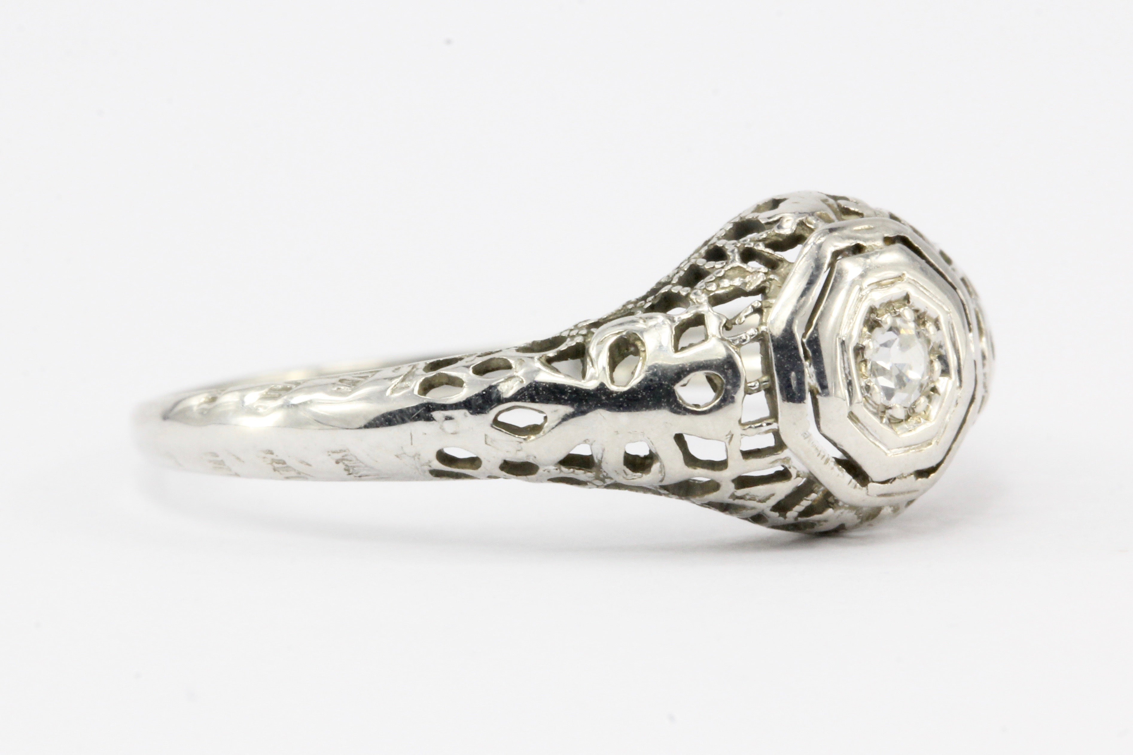 Art Deco 18K White Gold .05 CT Diamond Filigree Engagement Ring Size 8 - Queen May