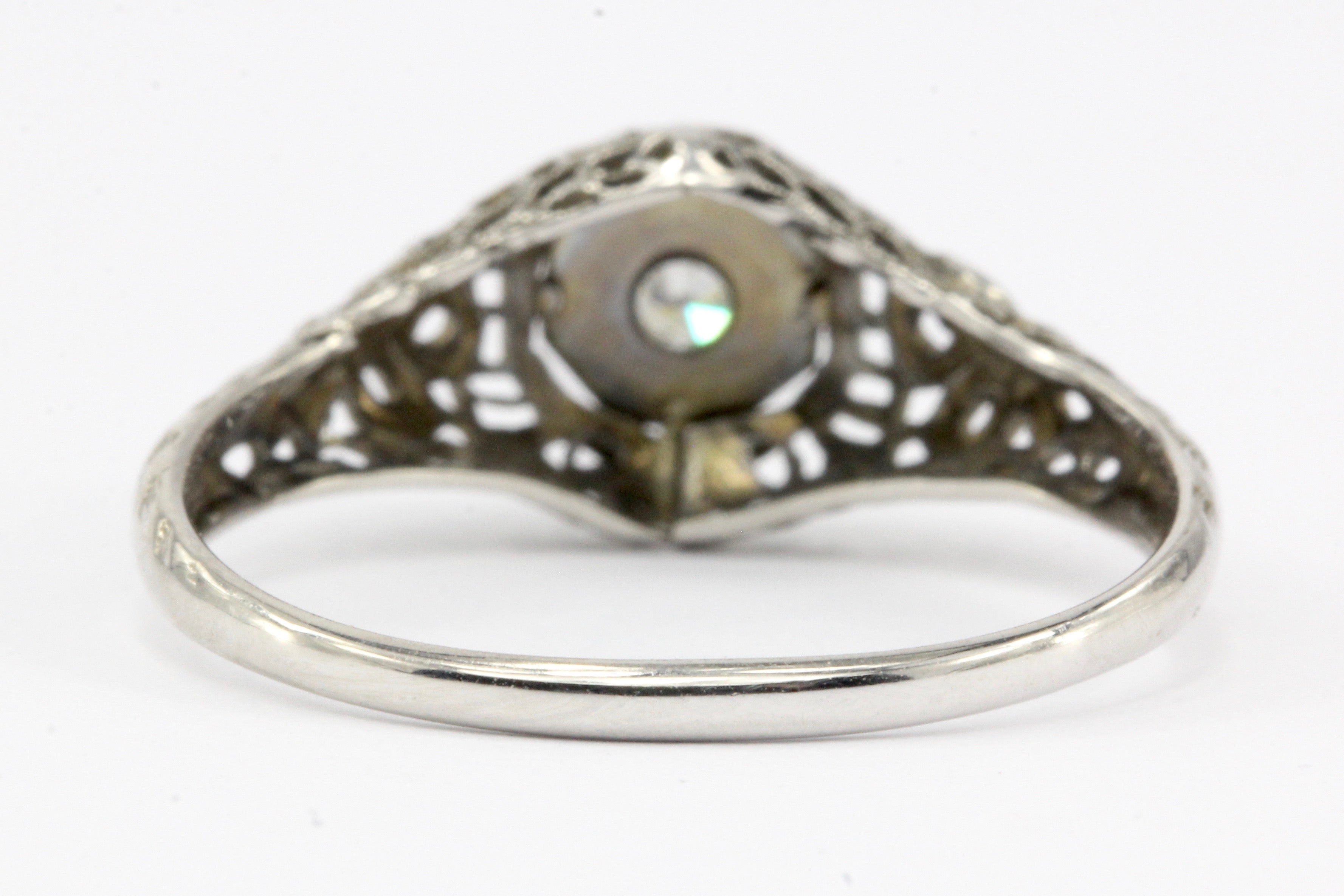 Art Deco 18K White Gold .05 CT Diamond Filigree Engagement Ring Size 8 - Queen May