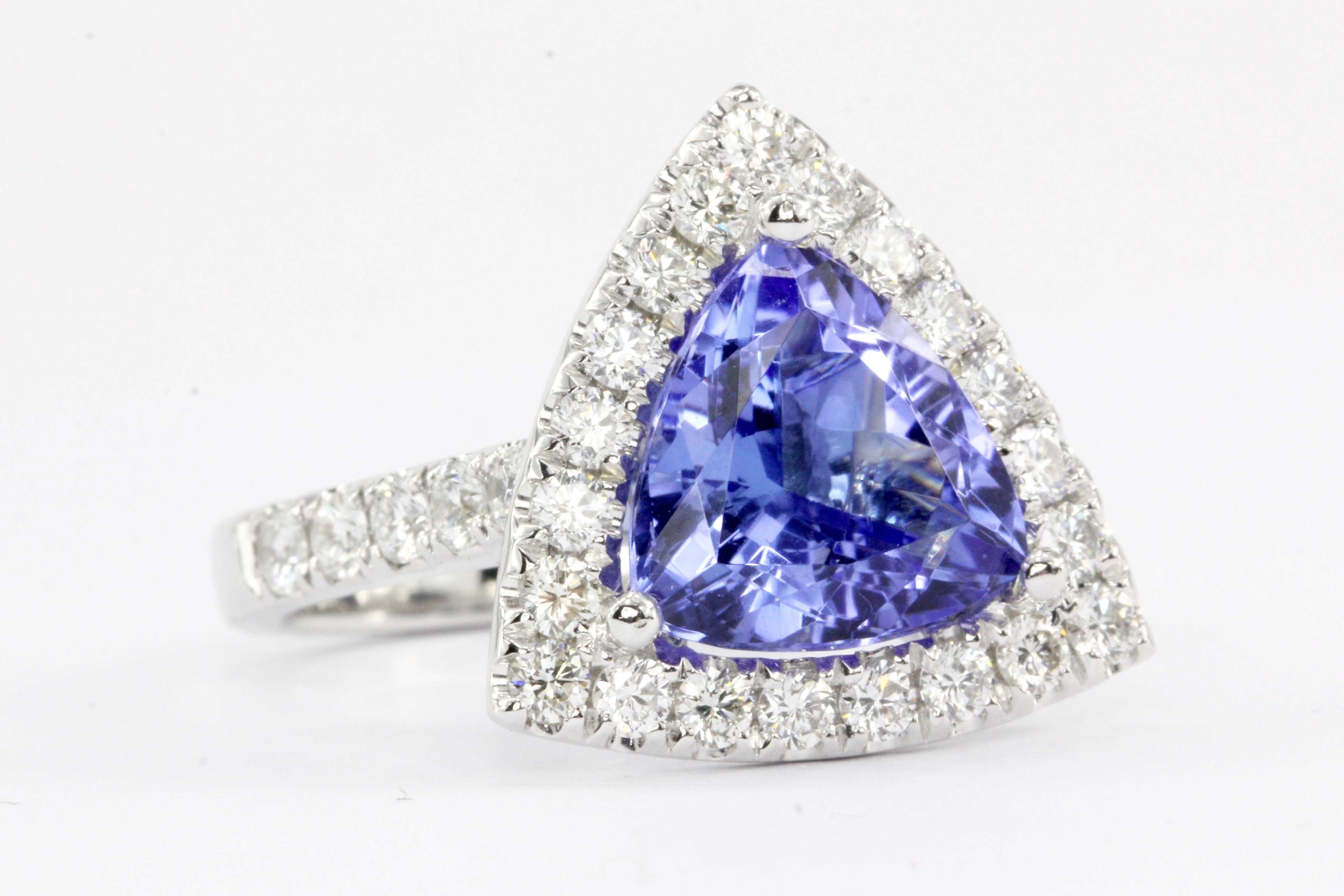 14K White Gold 4 Carat Trillion Cut Tanzanite and Diamond Halo Ring - Queen May