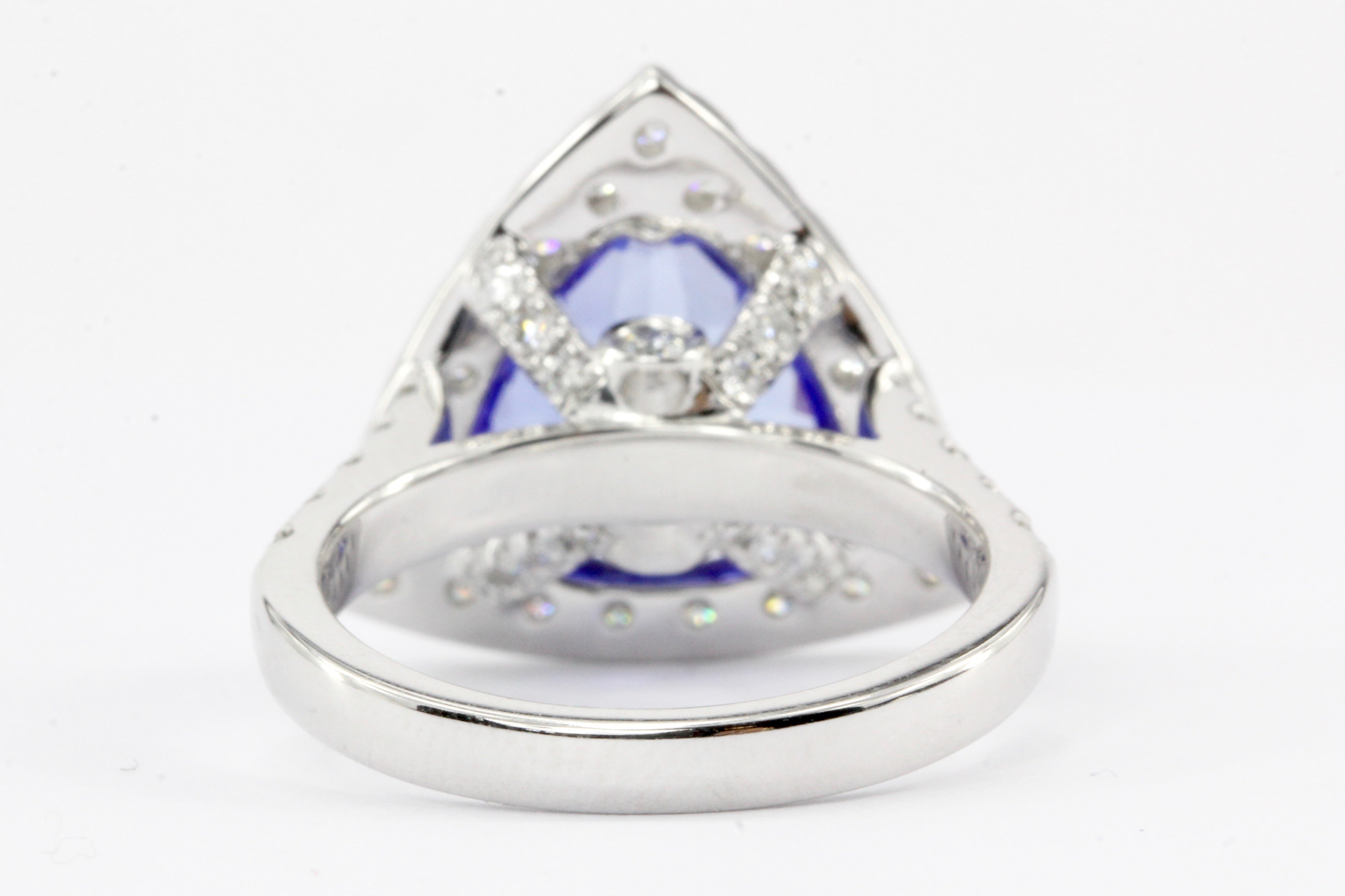 14K White Gold 4 Carat Trillion Cut Tanzanite and Diamond Halo Ring - Queen May