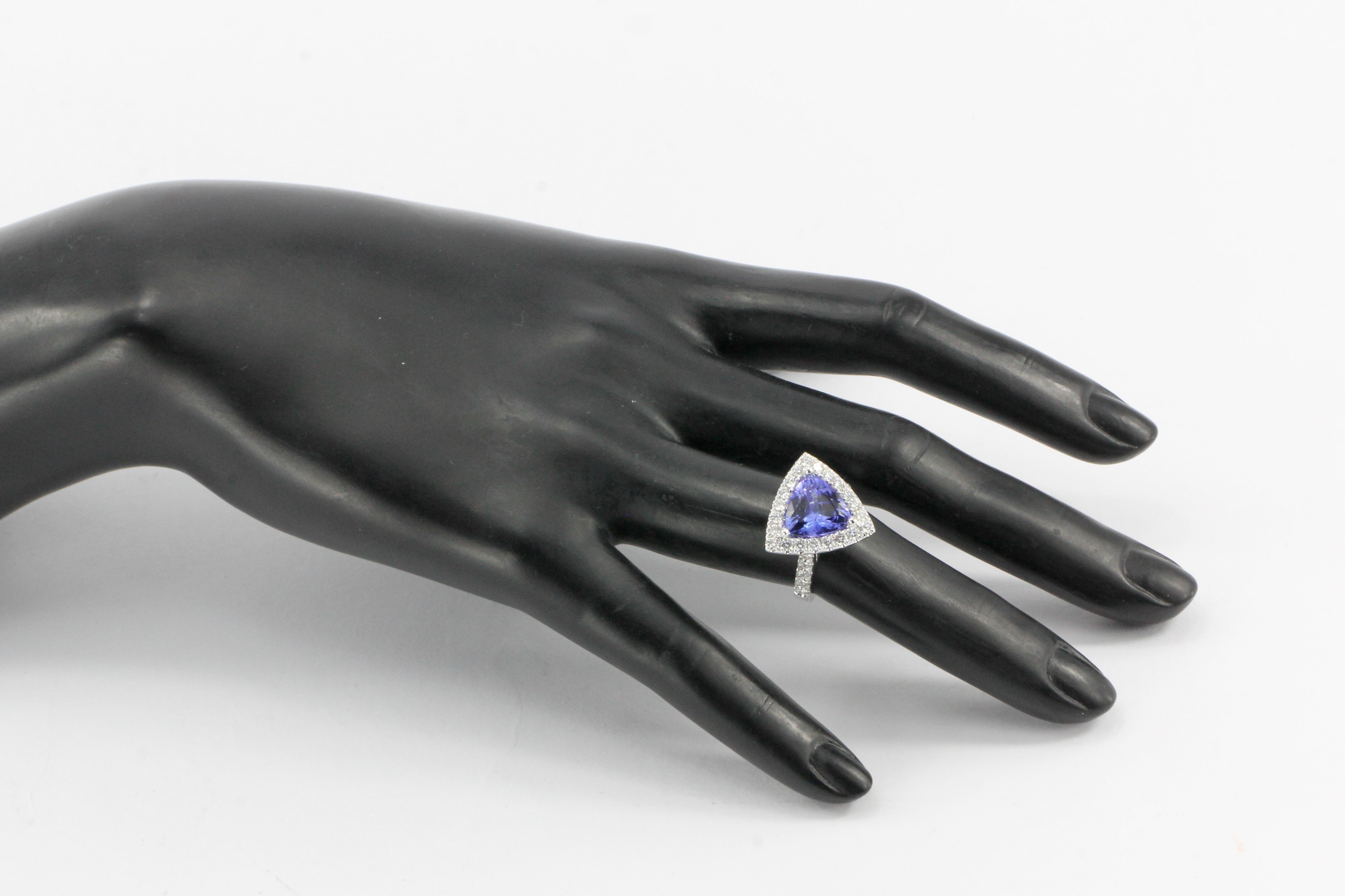 14K White Gold 4 Carat Trillion Cut Tanzanite and Diamond Halo Ring - Queen May