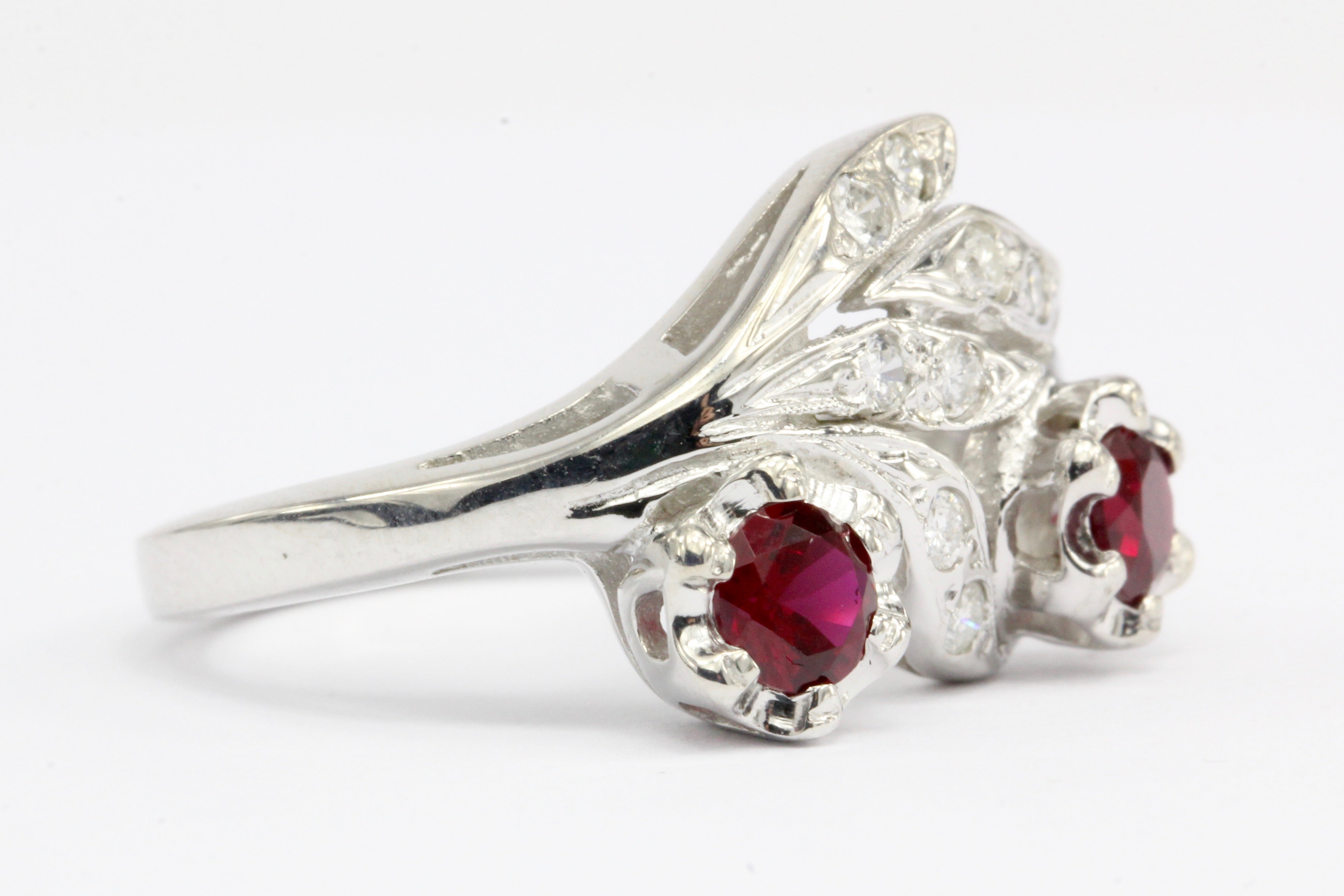 Retro 14K White Gold Natural Ruby and Diamond Ring Size 4.75 - Queen May