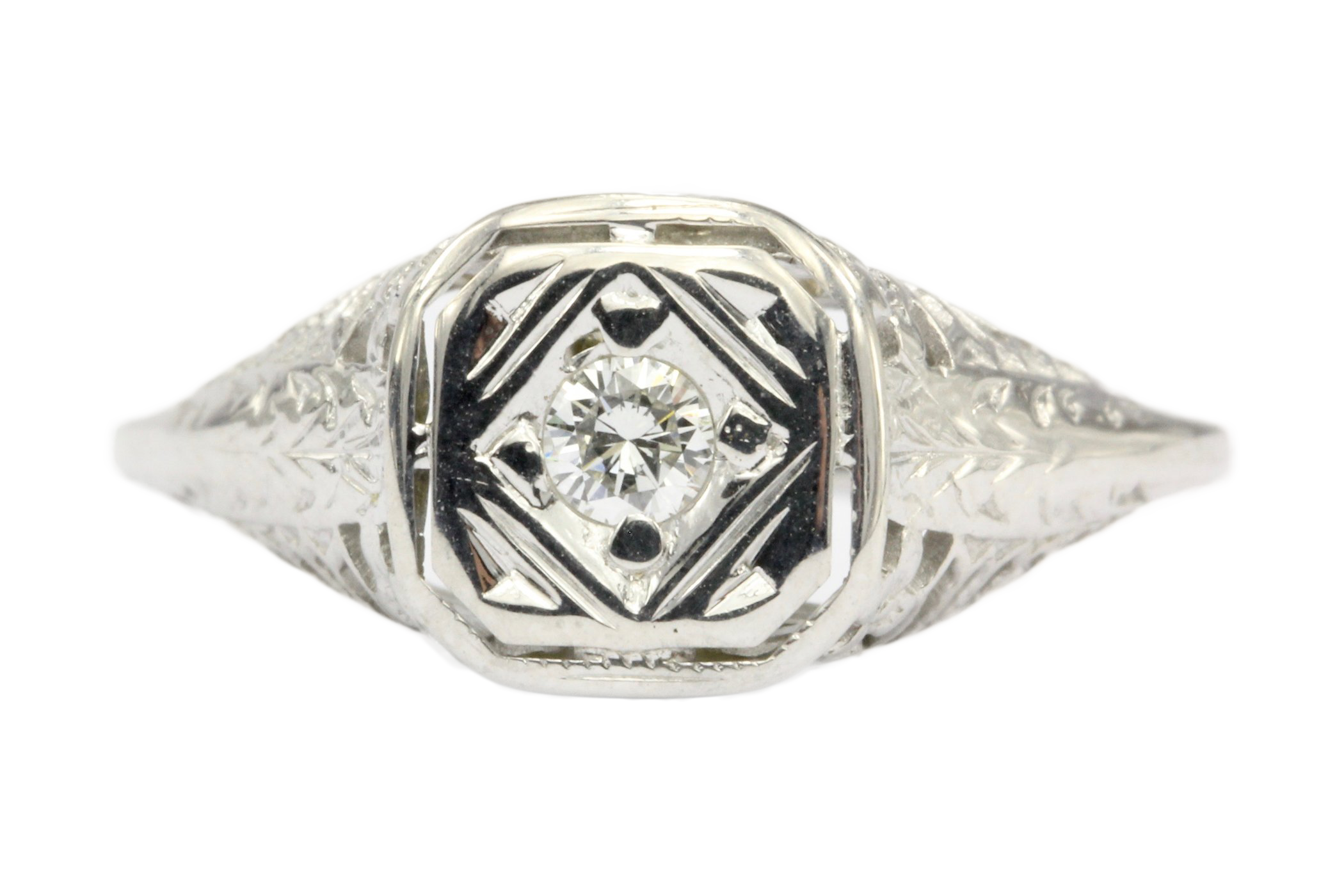 Art Deco 14K White Gold Filigree Diamond Engagement Ring Size 5.5 - Queen May