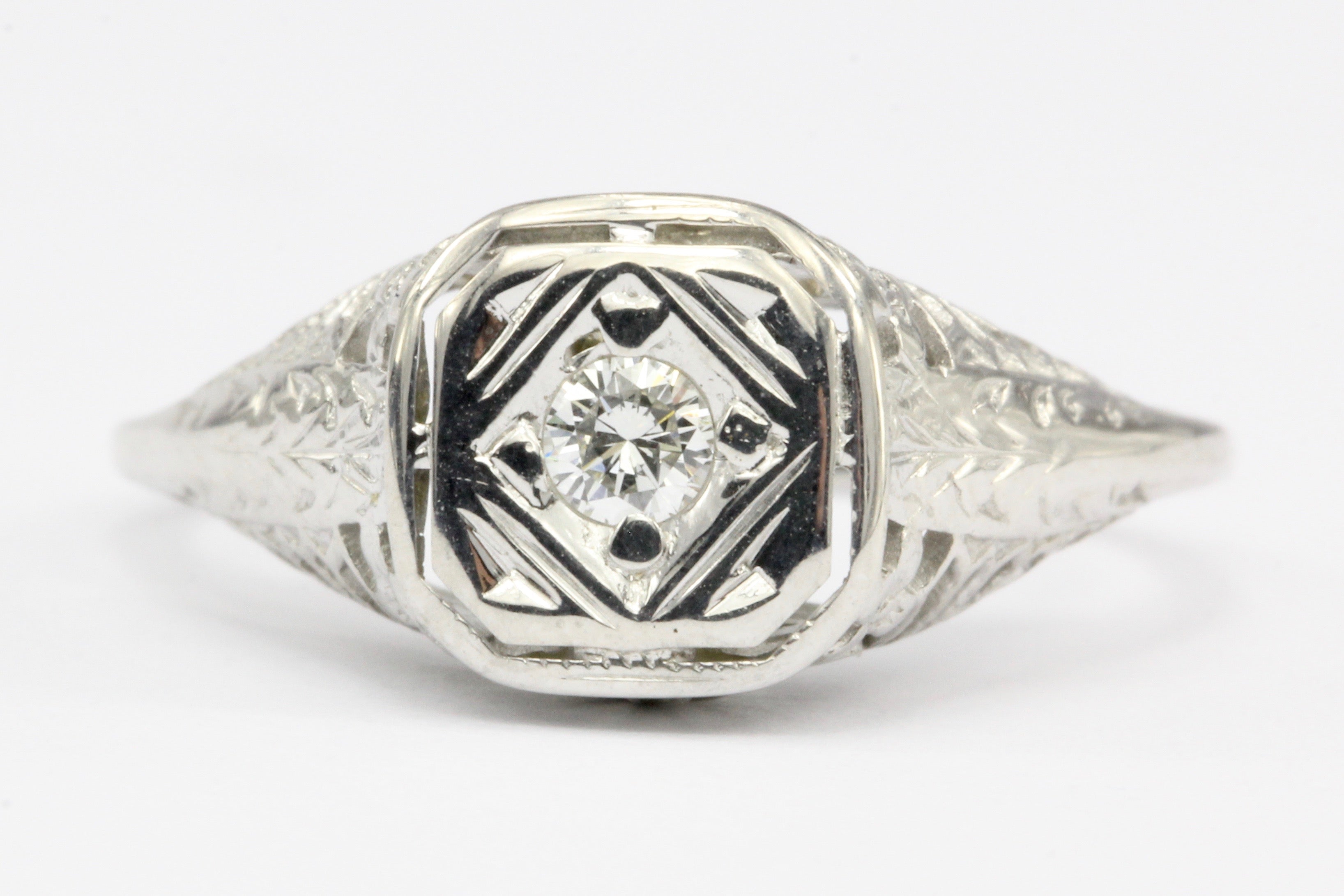 Art Deco 14K White Gold Filigree Diamond Engagement Ring Size 5.5 - Queen May