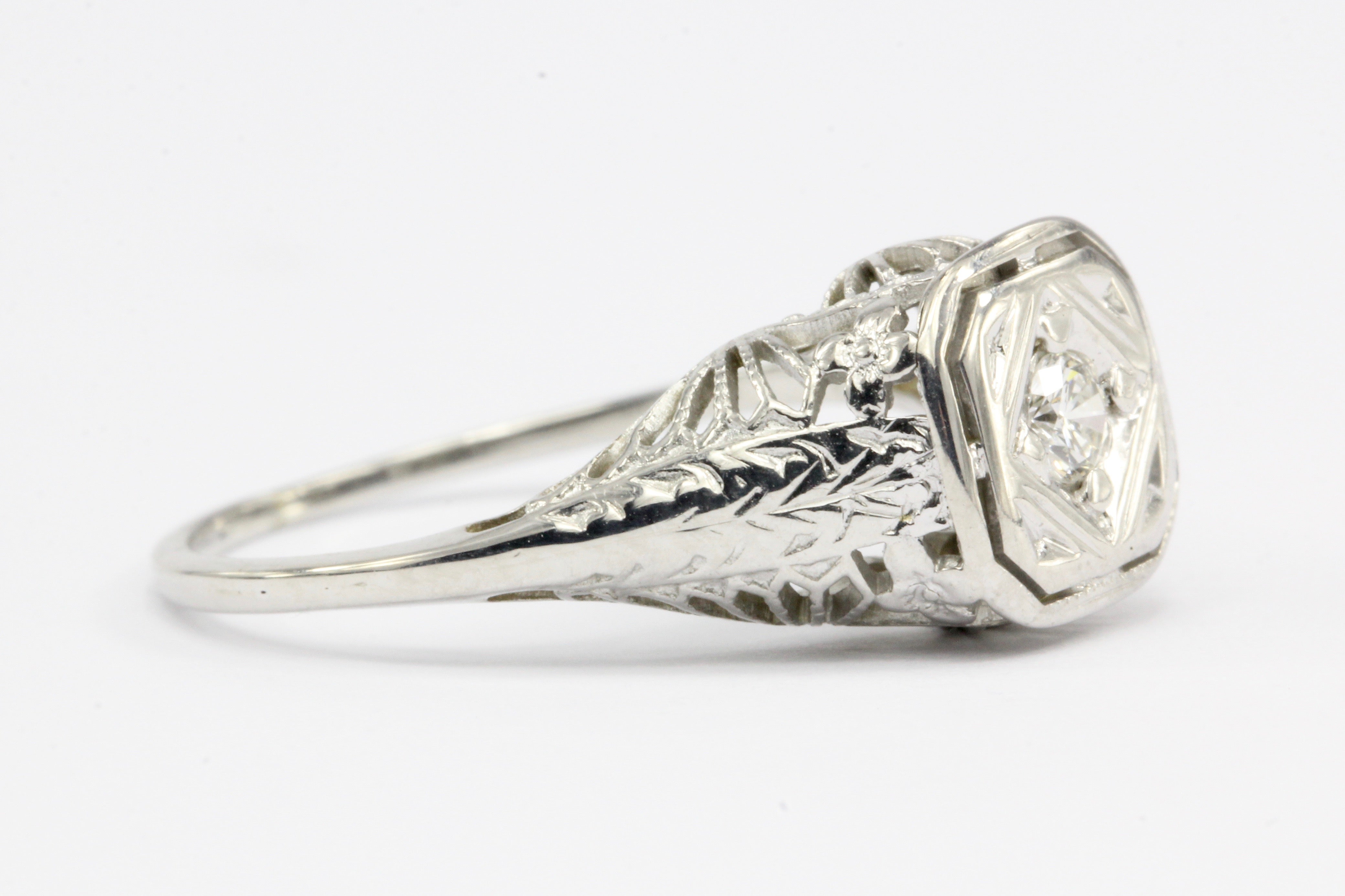 Art Deco 14K White Gold Filigree Diamond Engagement Ring Size 5.5 - Queen May