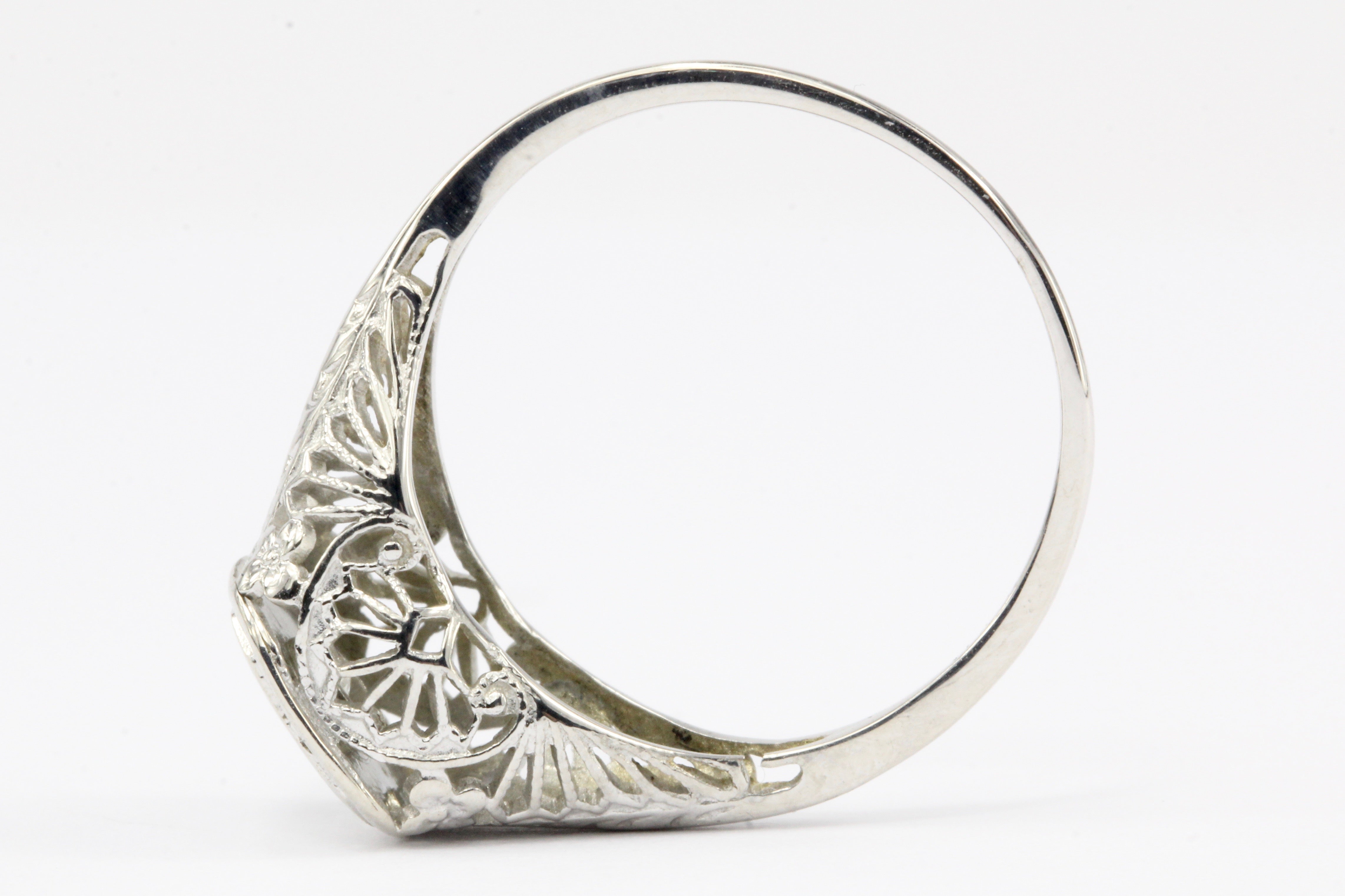 Art Deco 14K White Gold Filigree Diamond Engagement Ring Size 5.5 - Queen May