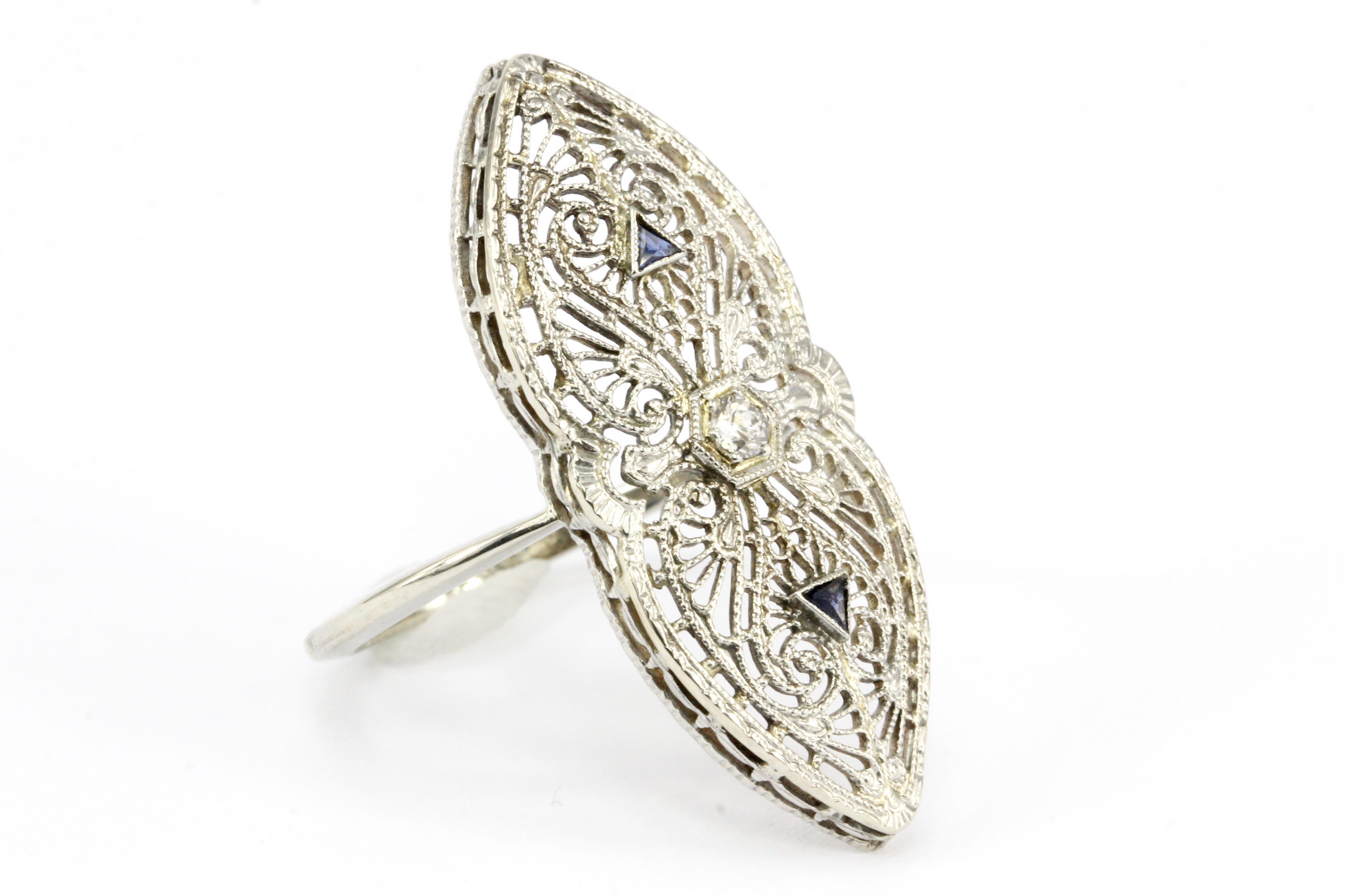 Art Deco Brooch Conversion 14K White Gold Filigree and Sapphire Ring Size 6.5 - Queen May