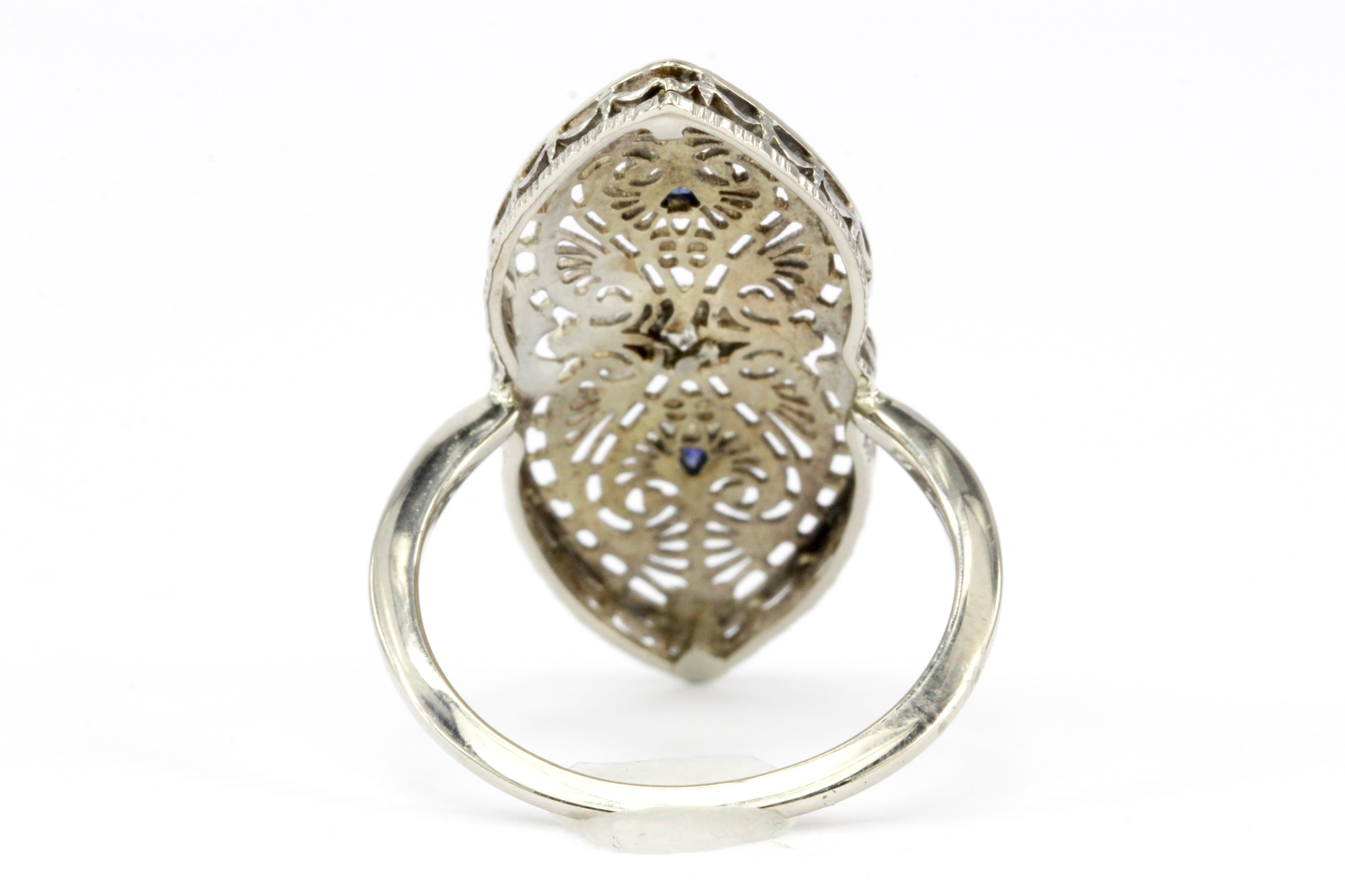 Art Deco Brooch Conversion 14K White Gold Filigree and Sapphire Ring Size 6.5 - Queen May