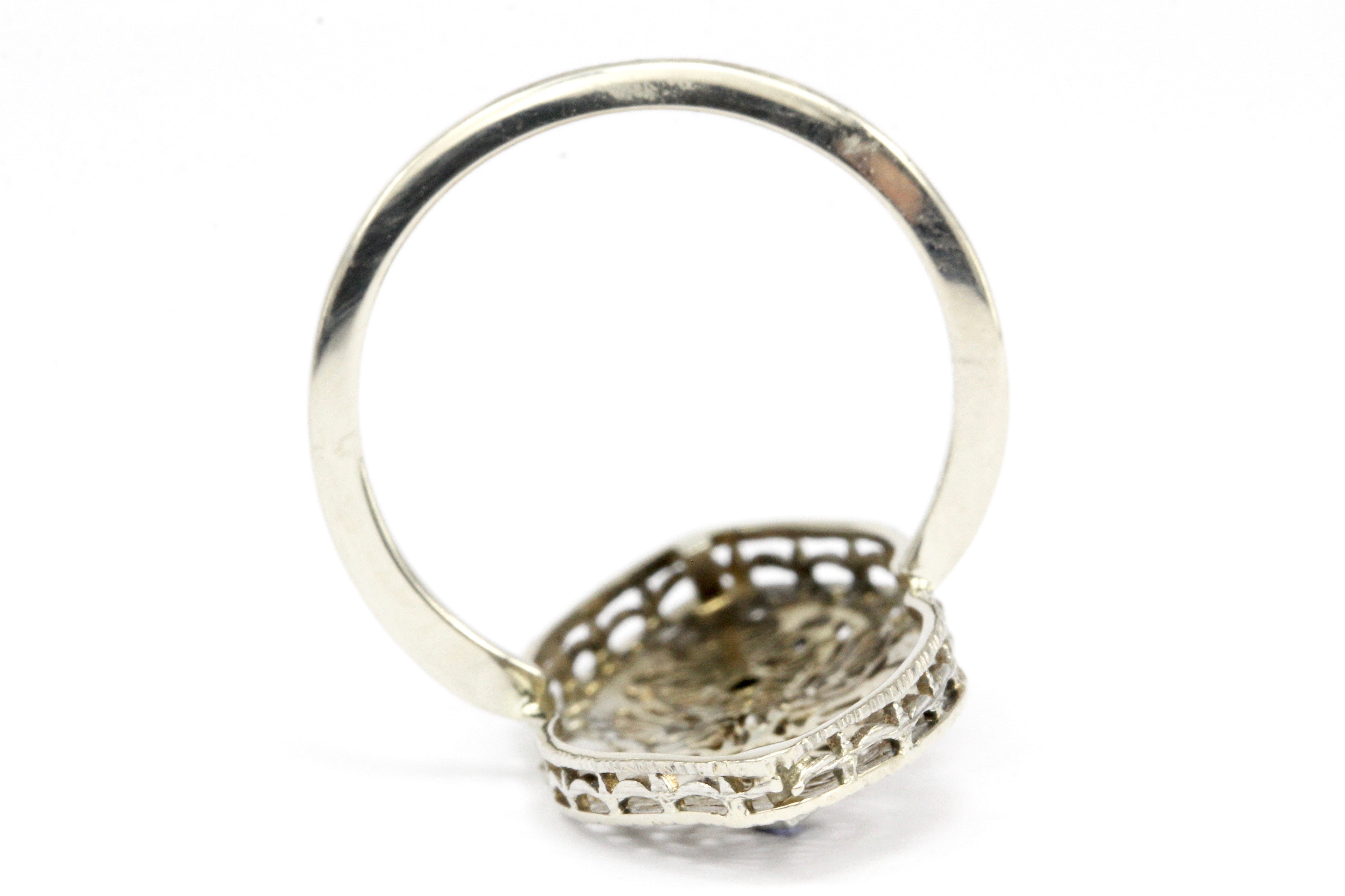 Art Deco Brooch Conversion 14K White Gold Filigree and Sapphire Ring Size 6.5 - Queen May