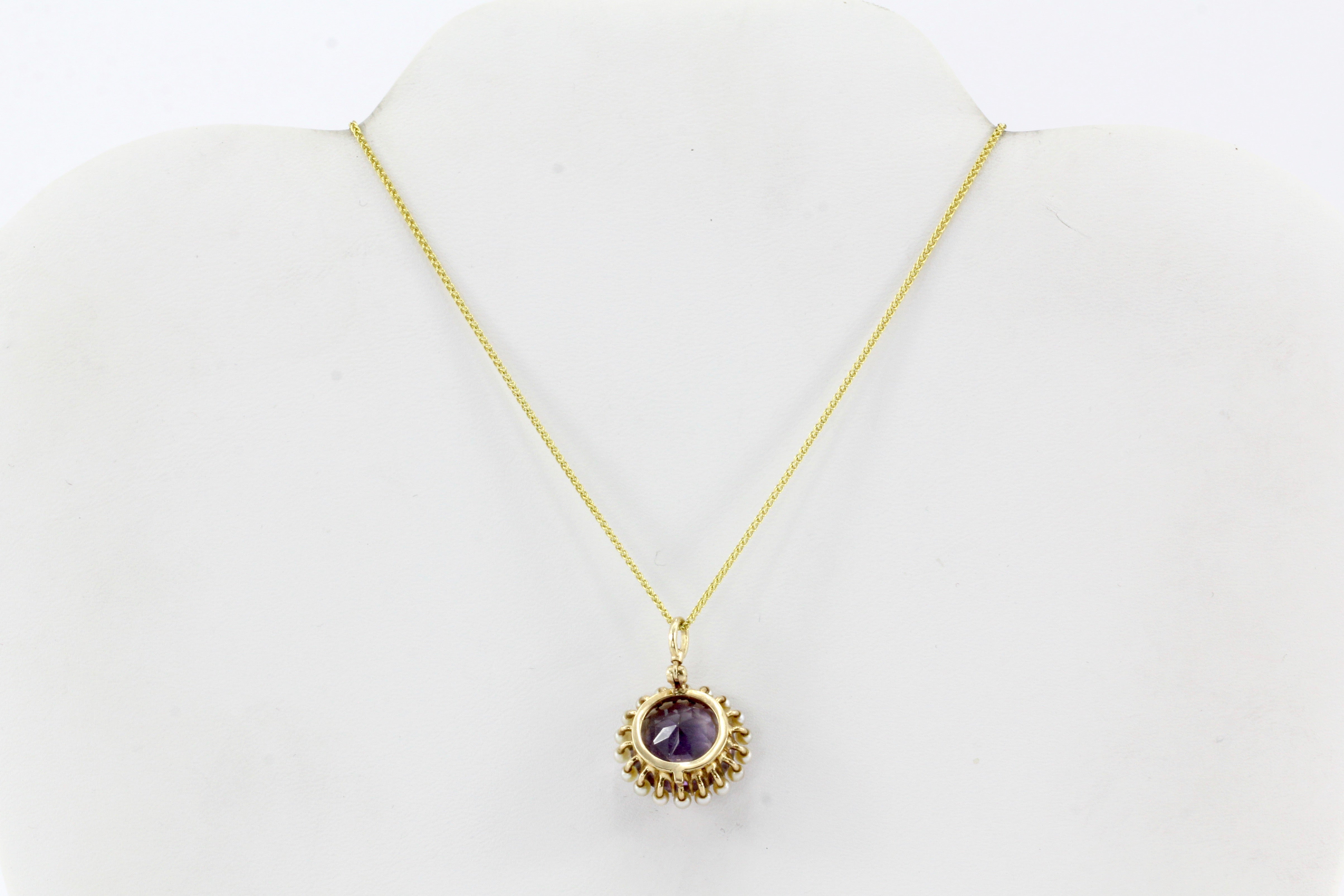 Victorian 14K Yellow Gold 6.5 Carat Amethyst and Pearl Pendant Necklace - Queen May