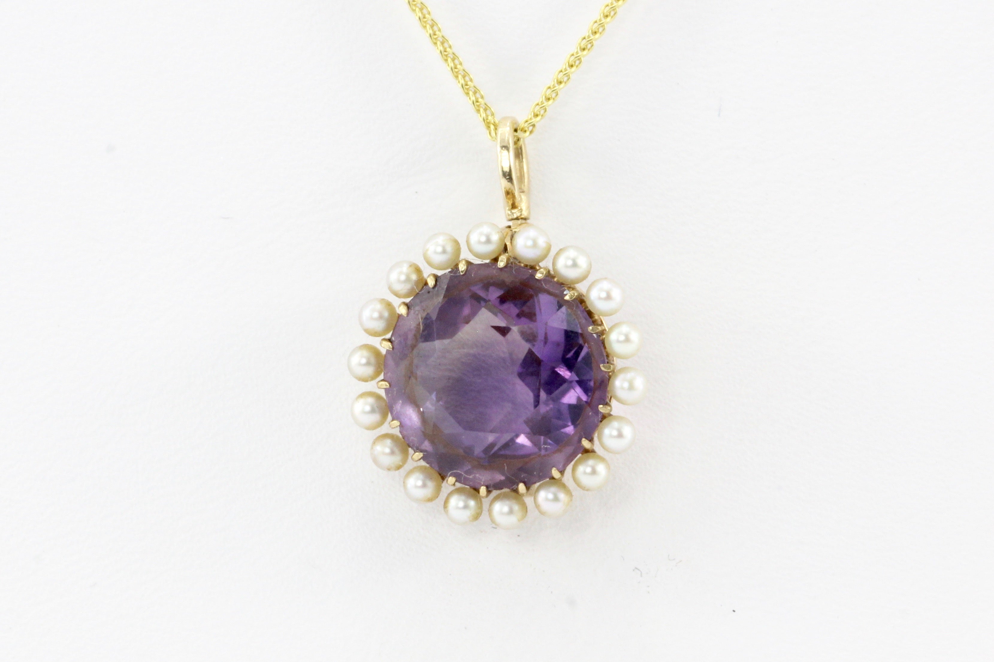 Victorian 14K Yellow Gold 6.5 Carat Amethyst and Pearl Pendant Necklace - Queen May