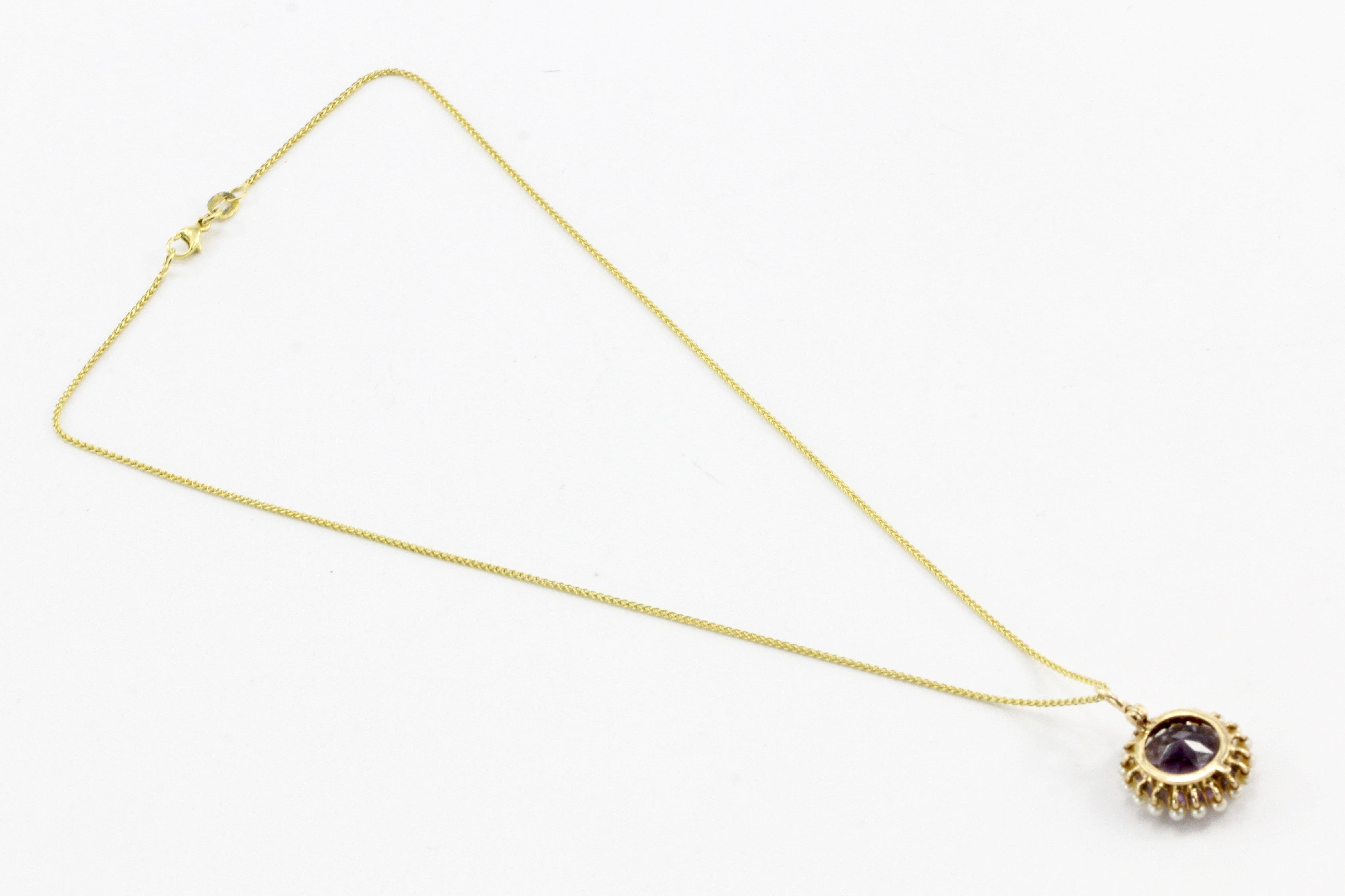 Victorian 14K Yellow Gold 6.5 Carat Amethyst and Pearl Pendant Necklace - Queen May