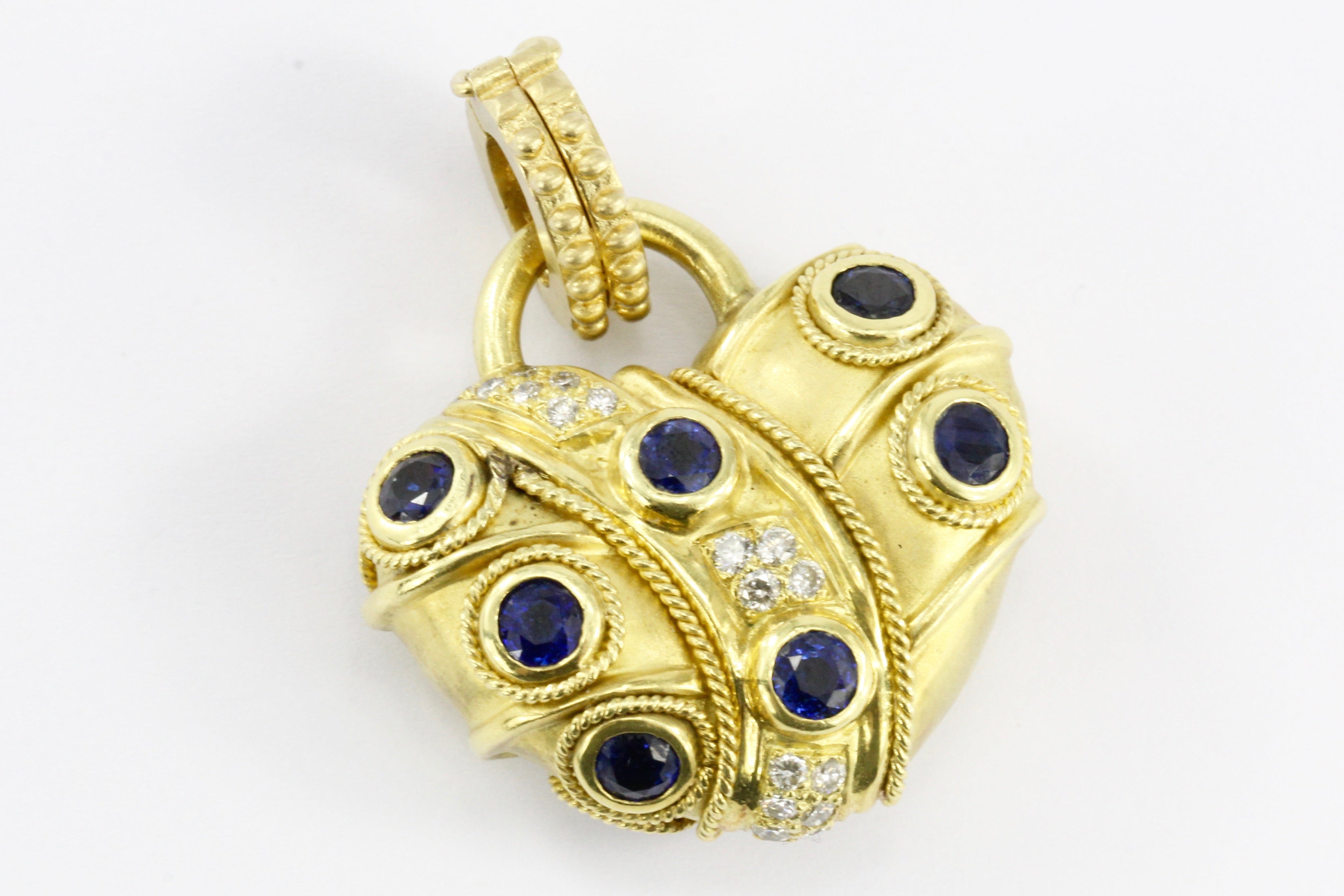 18K Brushed Yellow Gold Natural Sapphire Natural Ruby and Diamond Heart Shaped Enhancer Pendant - Queen May