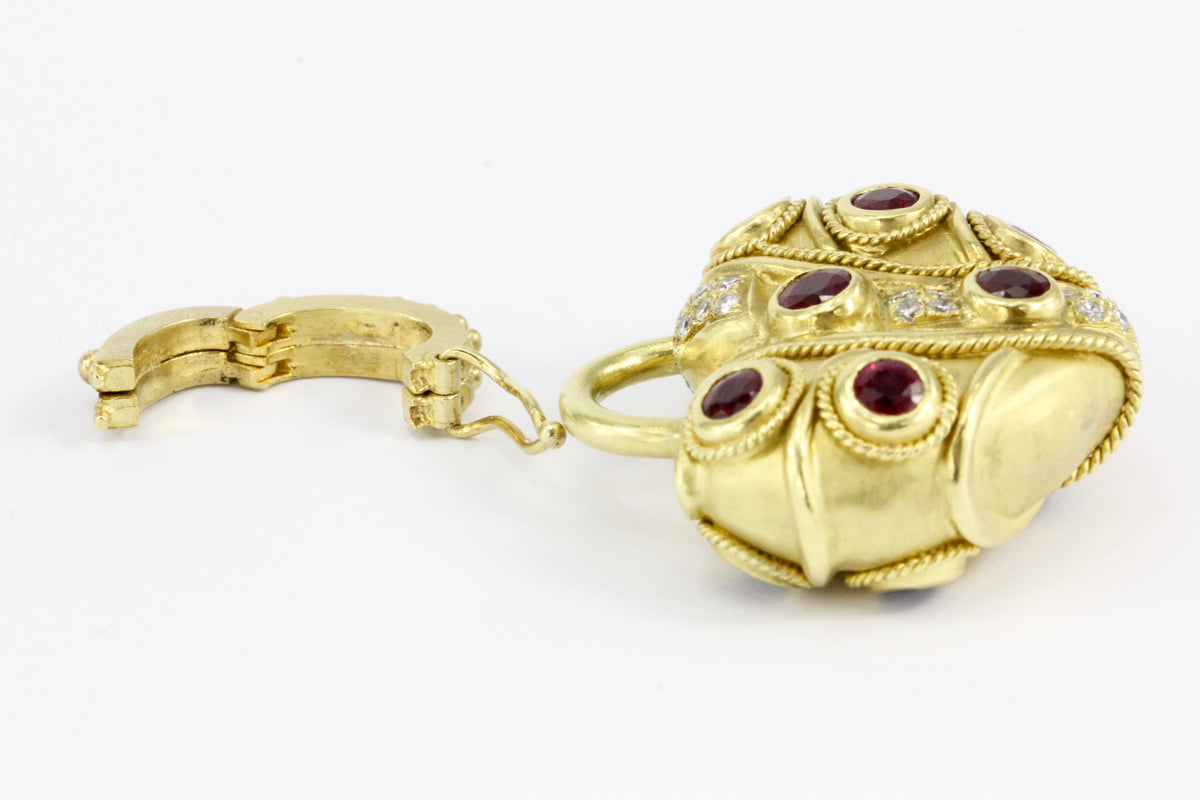 18K Brushed Yellow Gold Natural Sapphire Natural Ruby and Diamond Heart Shaped Enhancer Pendant - Queen May