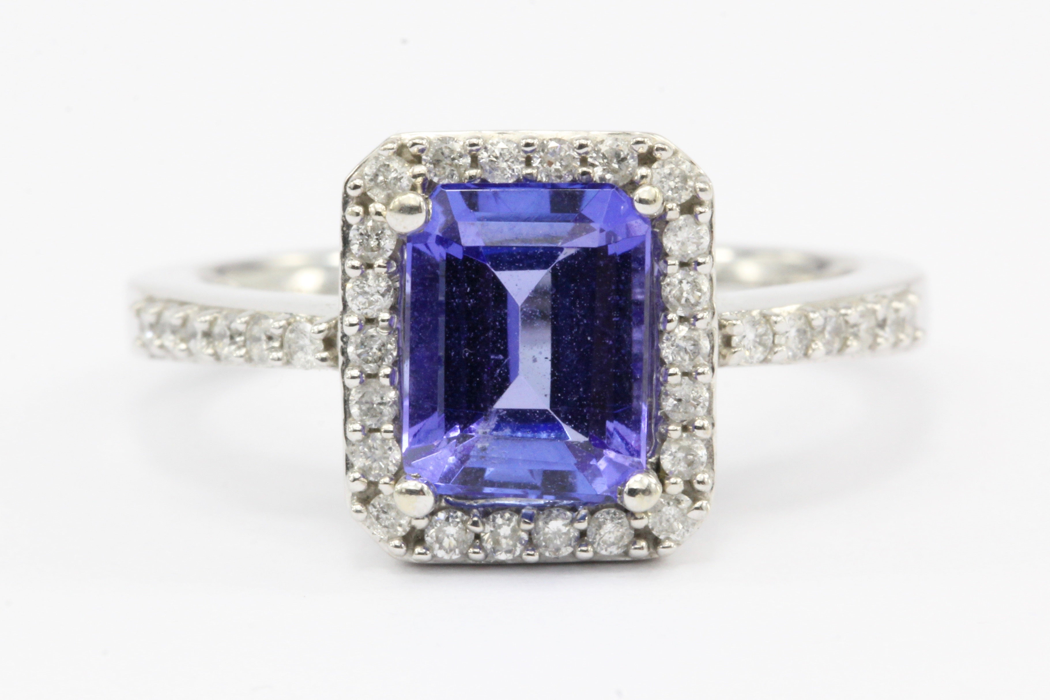 14K White Gold Tanzanite Diamond Halo Ring Size 6.25 - Queen May
