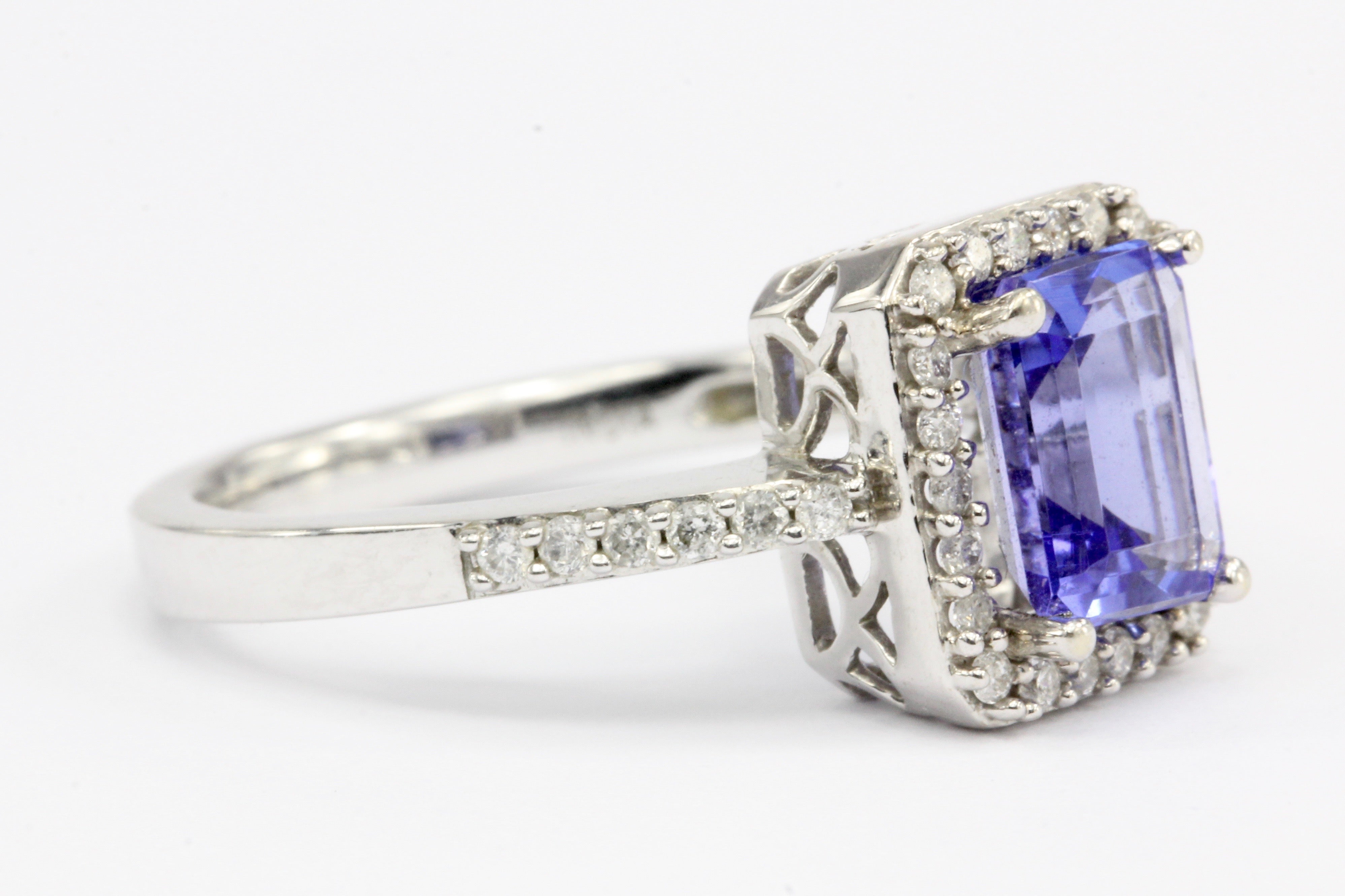 14K White Gold Tanzanite Diamond Halo Ring Size 6.25 - Queen May