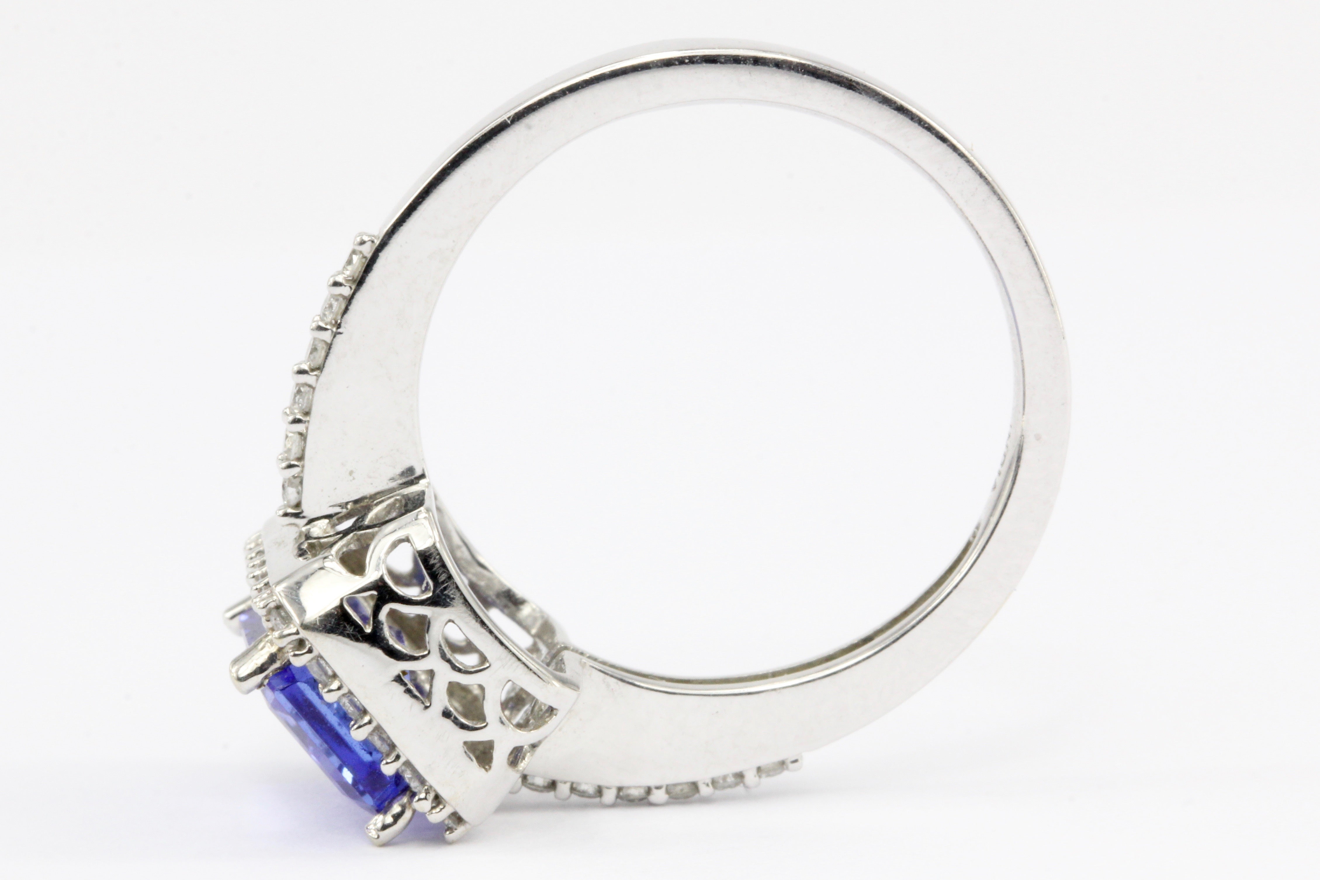 14K White Gold Tanzanite Diamond Halo Ring Size 6.25 - Queen May