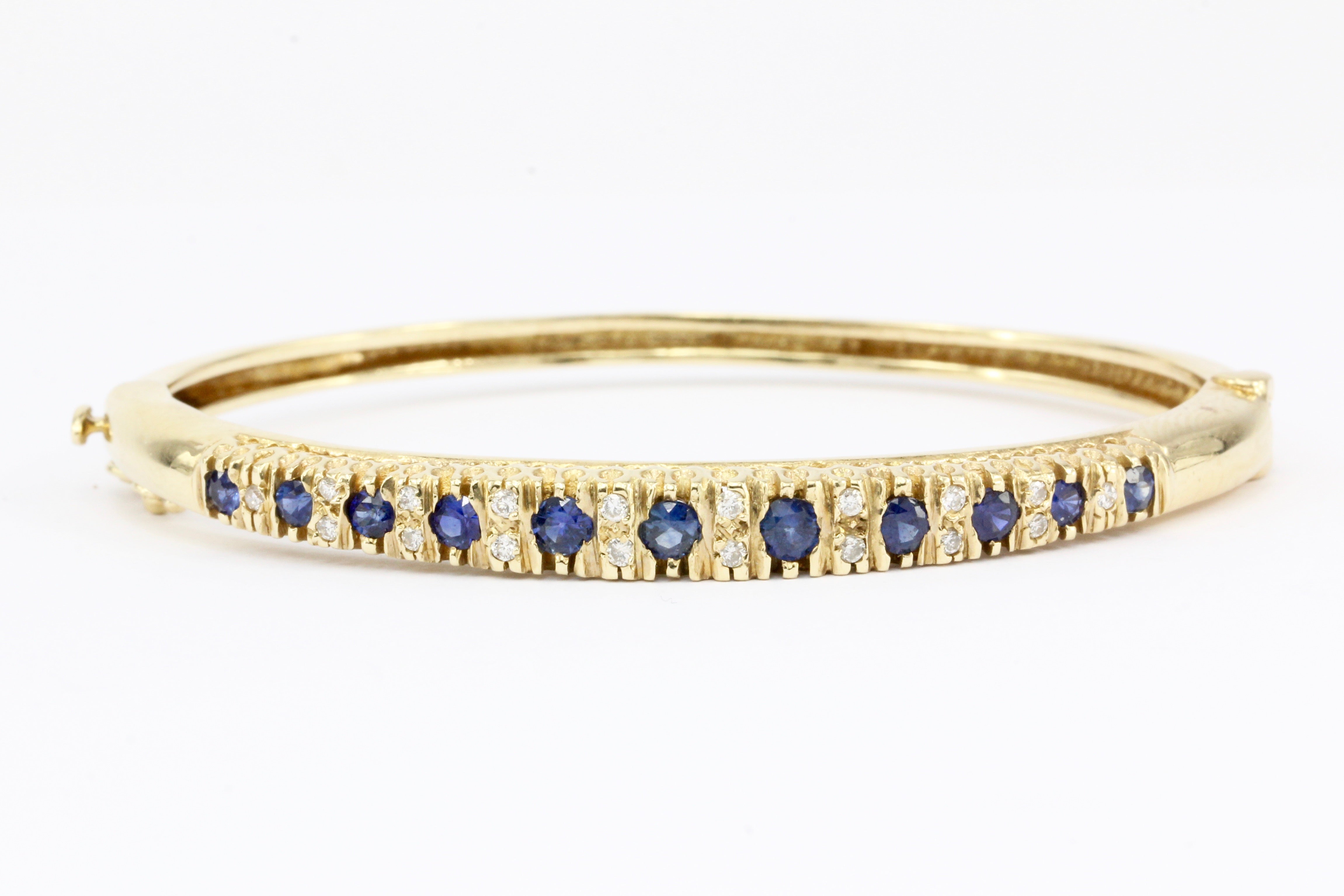 Victorian Revival 14K Yellow Gold 1 CTW Natural Sapphire Bangle Bracelet - Queen May
