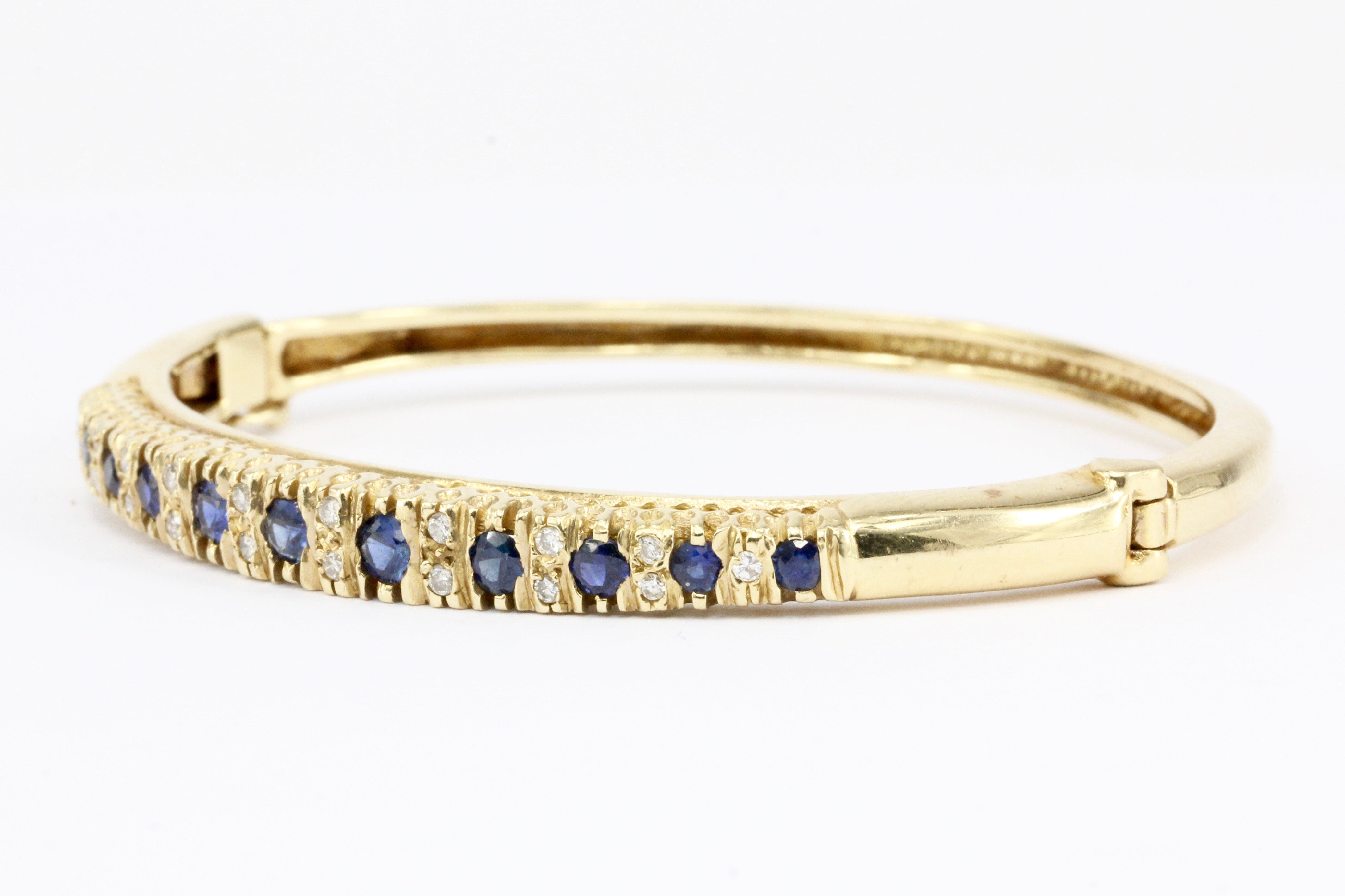 Victorian Revival 14K Yellow Gold 1 CTW Natural Sapphire Bangle Bracelet - Queen May