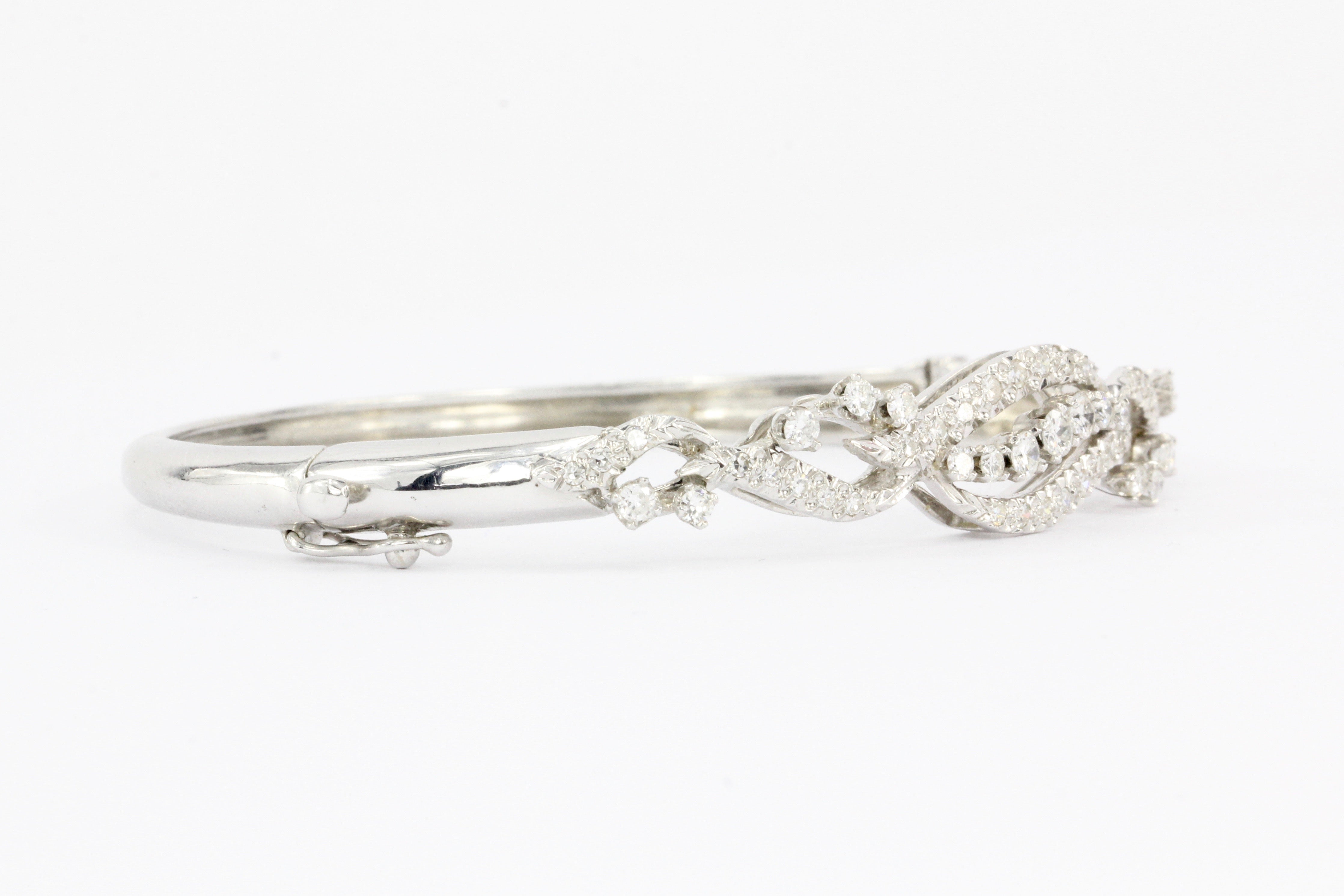 Retro 14K White Gold Diamond Bangle Bracelet - Queen May