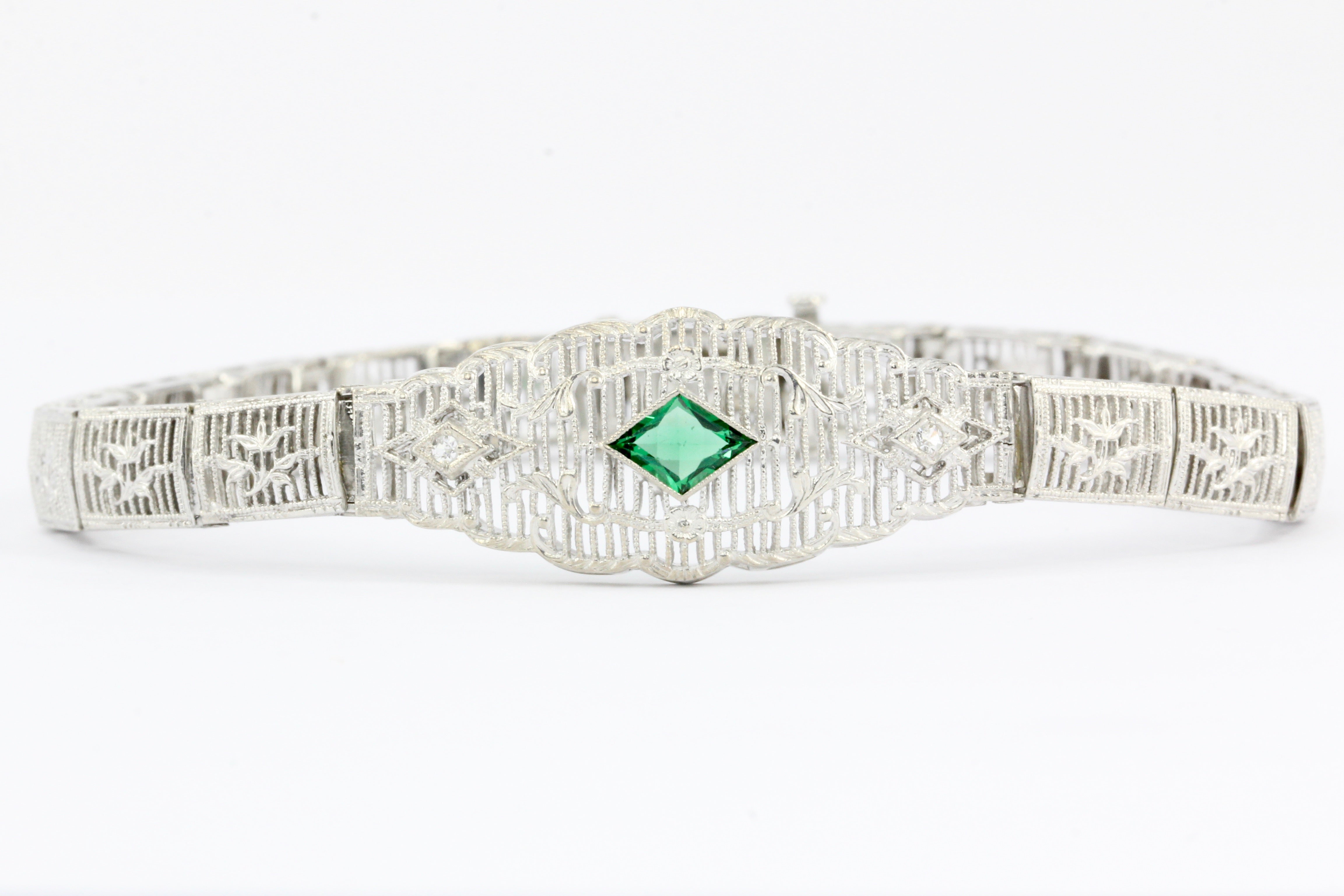 Art Deco 14K White Gold Green Glass Stone & Diamond Filigree Bracelet - Queen May