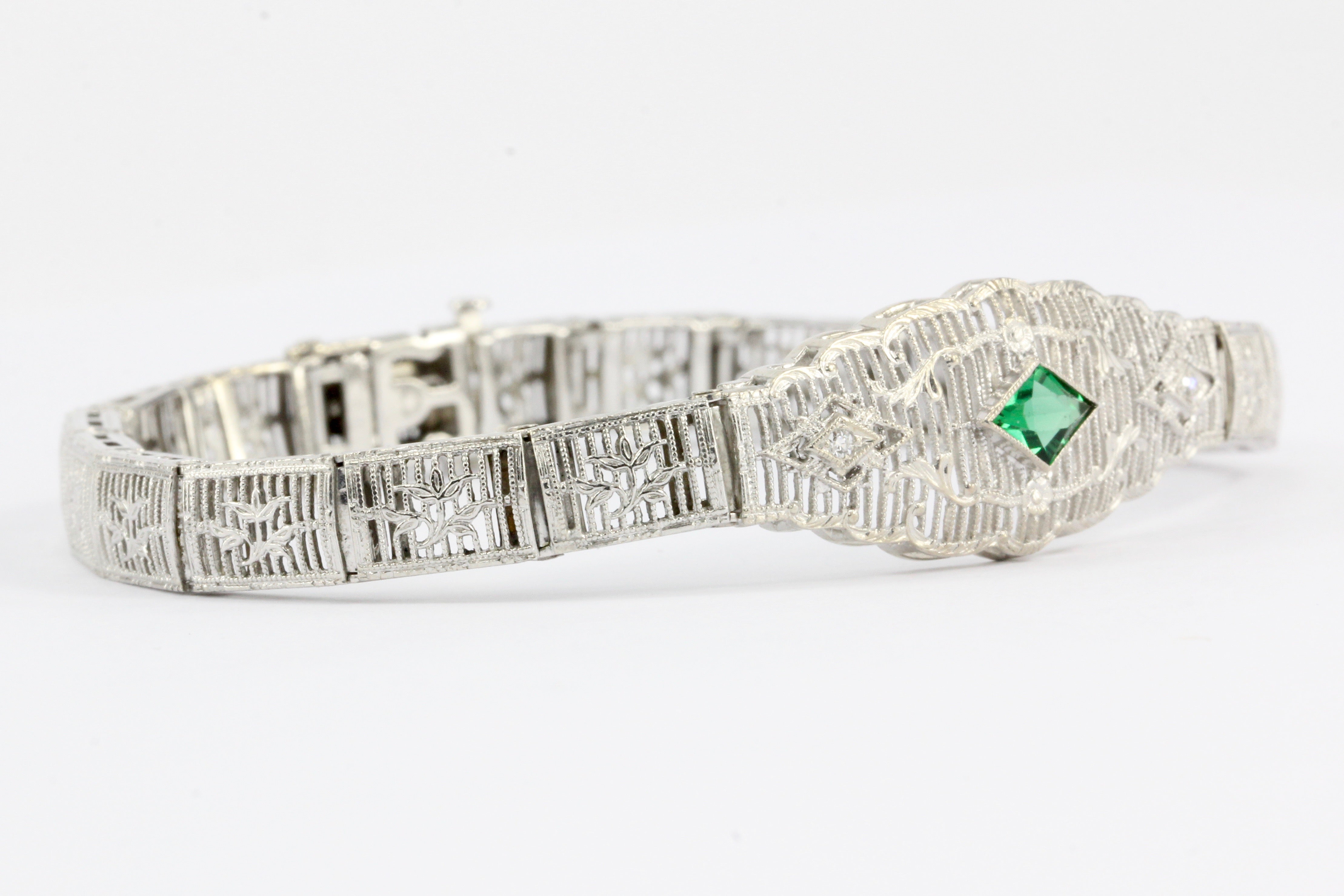 Art Deco 14K White Gold Green Glass Stone & Diamond Filigree Bracelet - Queen May