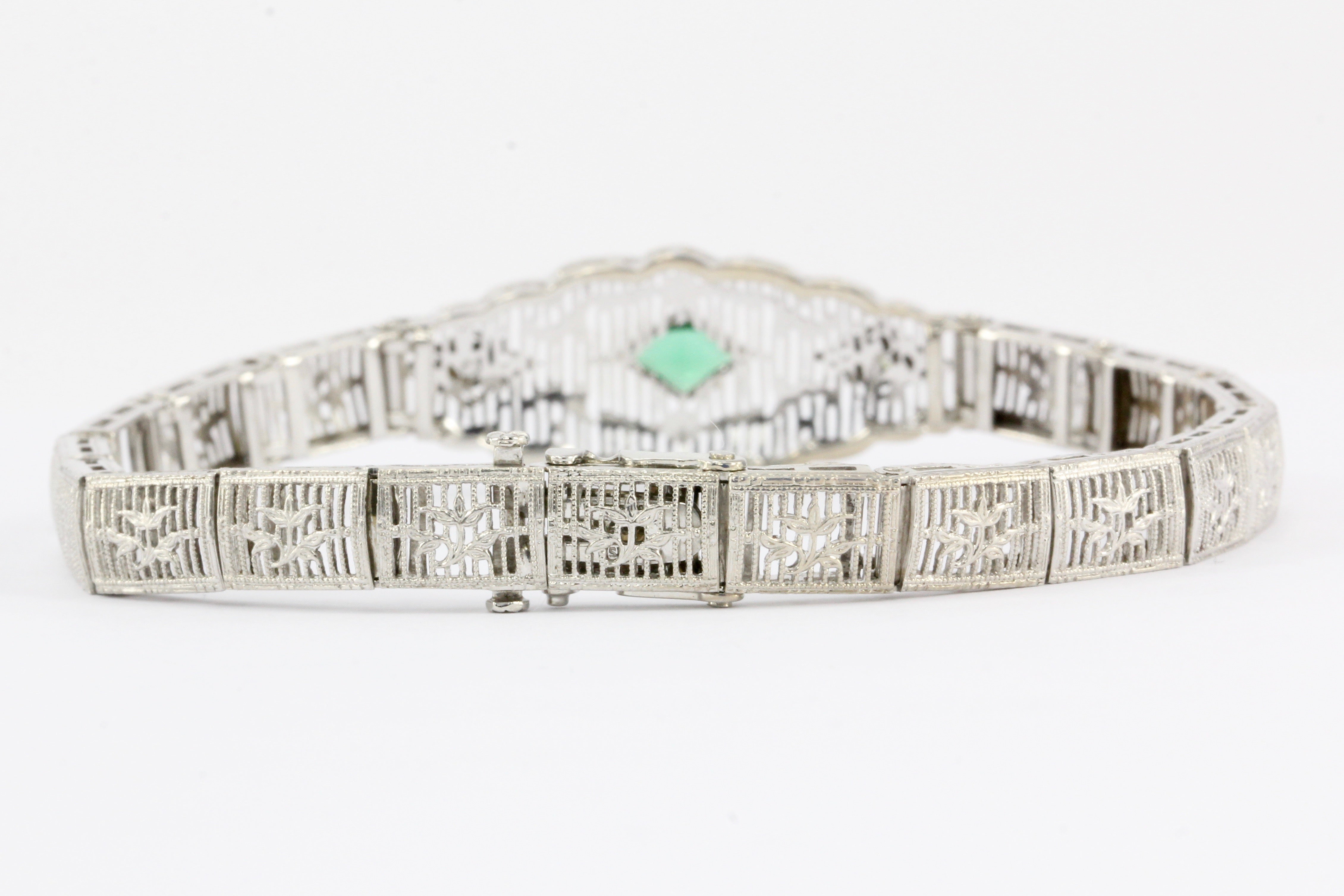 Art Deco 14K White Gold Green Glass Stone & Diamond Filigree Bracelet - Queen May