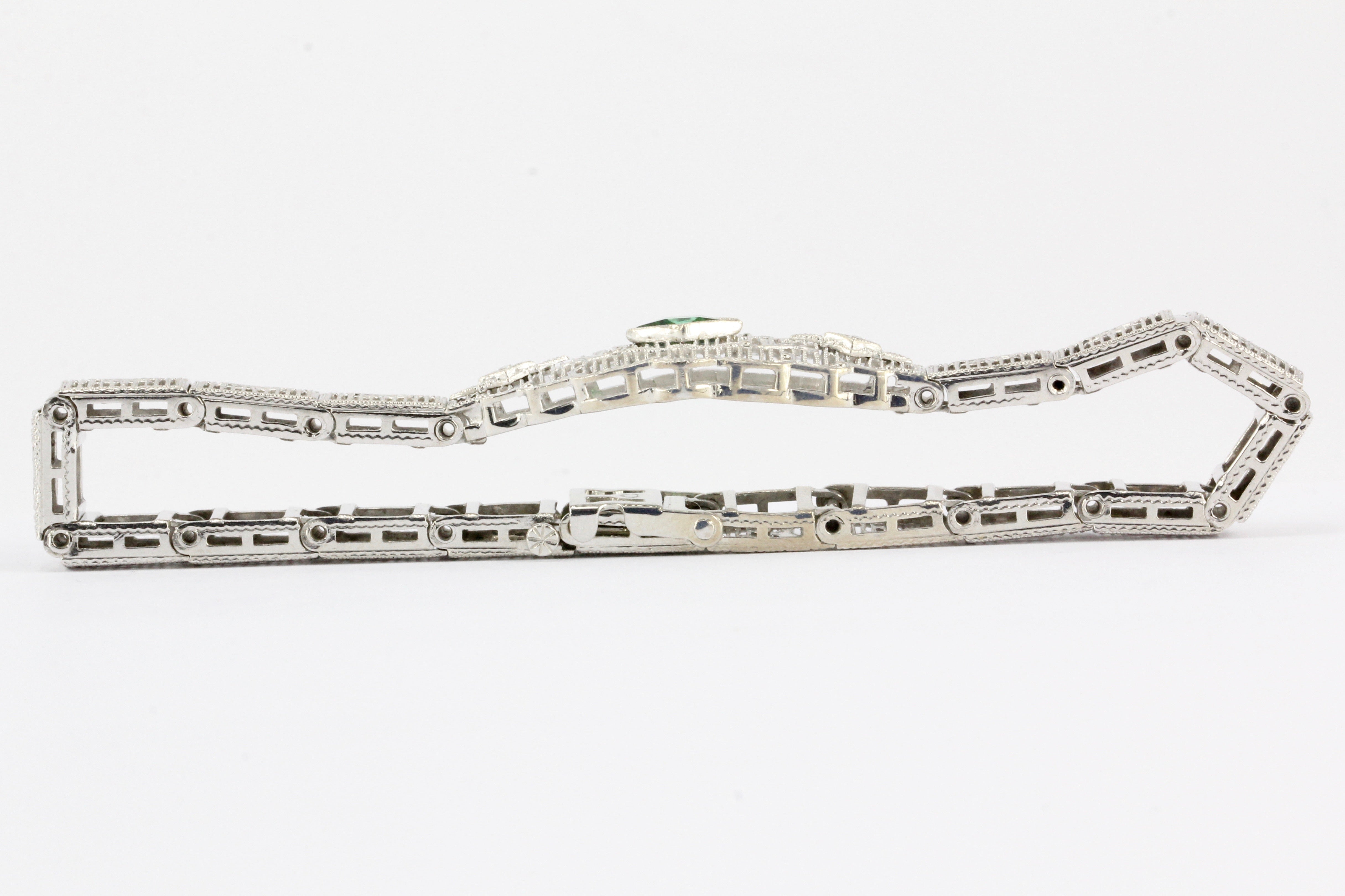 Art Deco 14K White Gold Green Glass Stone & Diamond Filigree Bracelet - Queen May