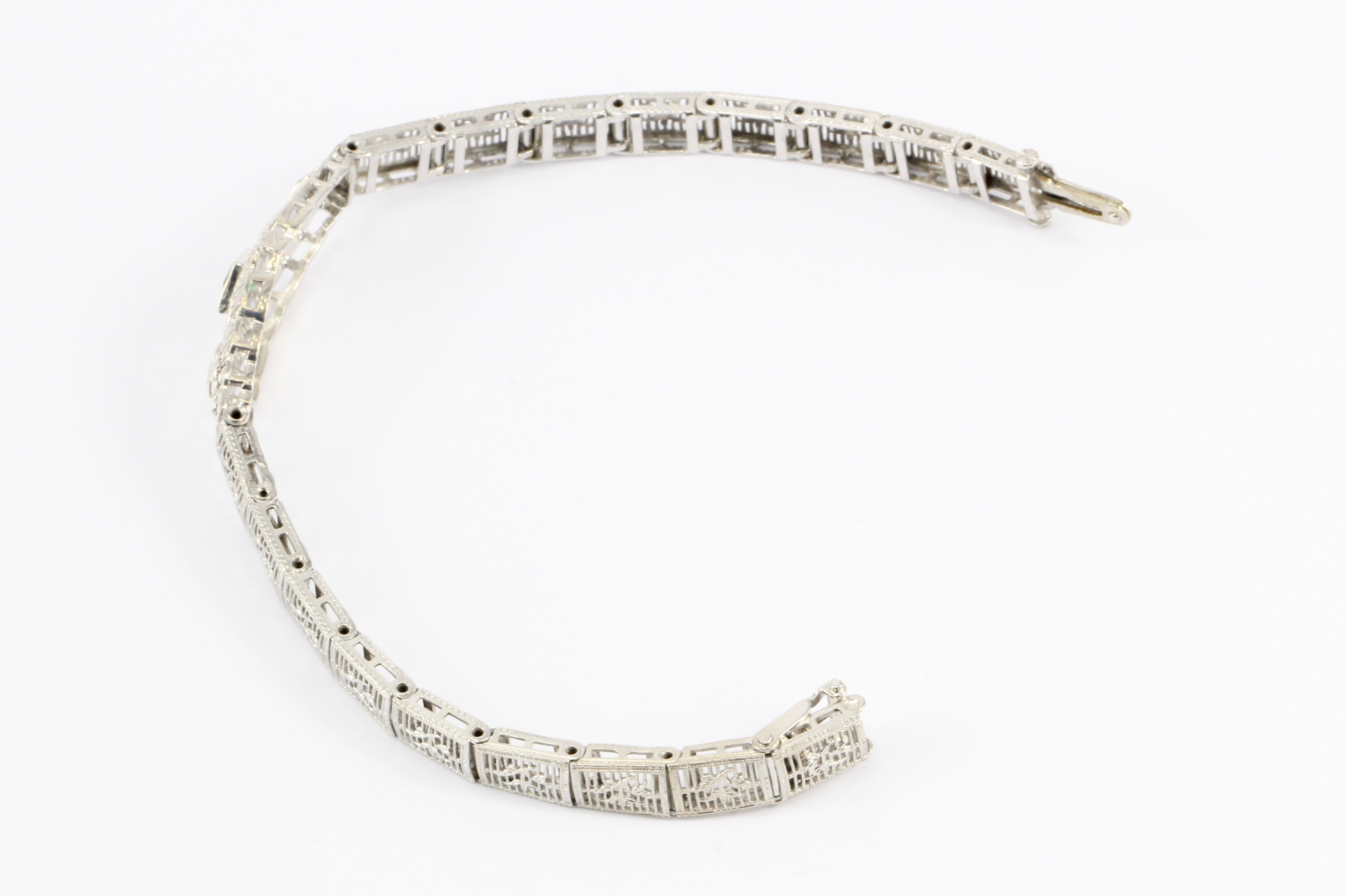 Art Deco 14K White Gold Green Glass Stone & Diamond Filigree Bracelet - Queen May