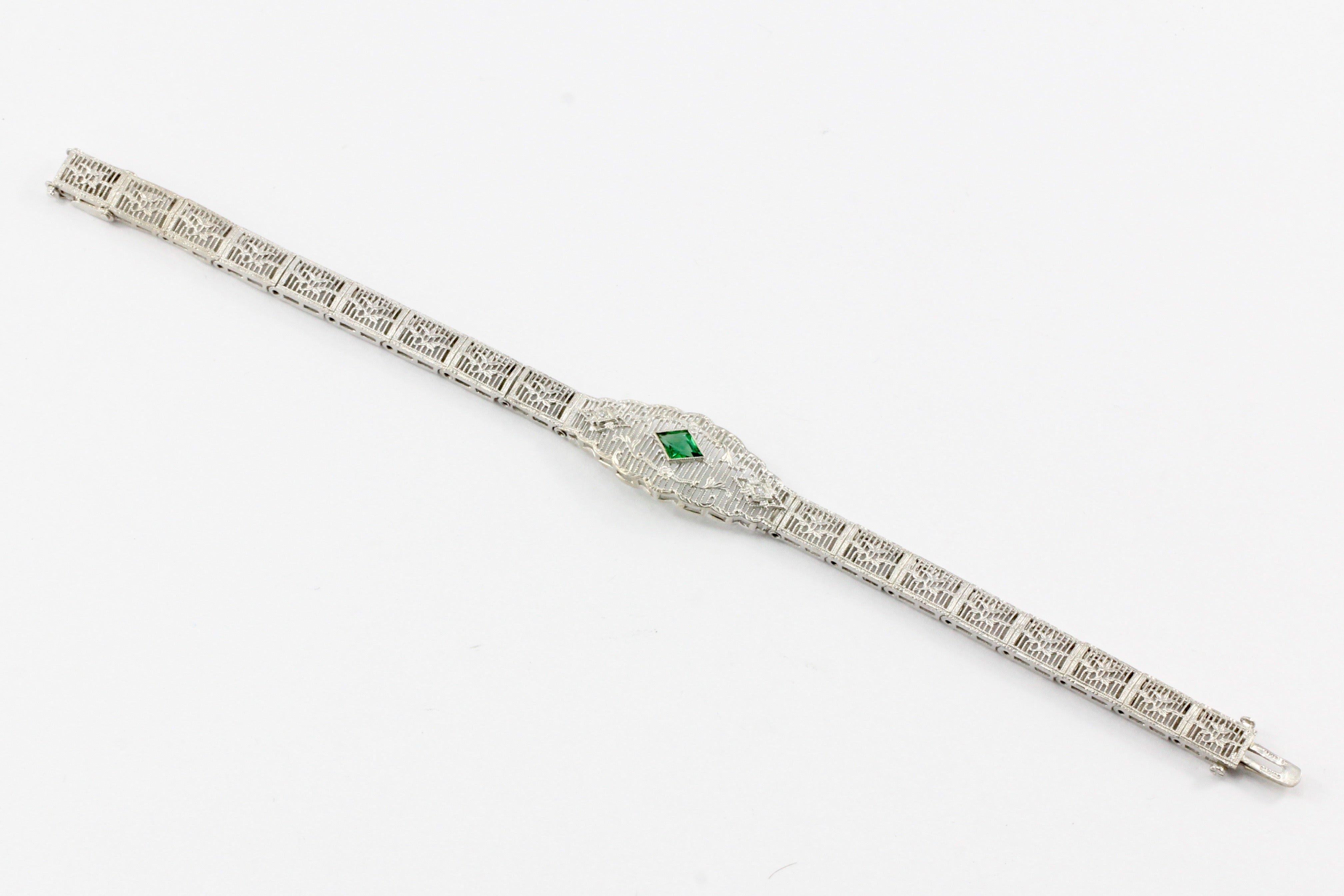 Art Deco 14K White Gold Green Glass Stone & Diamond Filigree Bracelet - Queen May