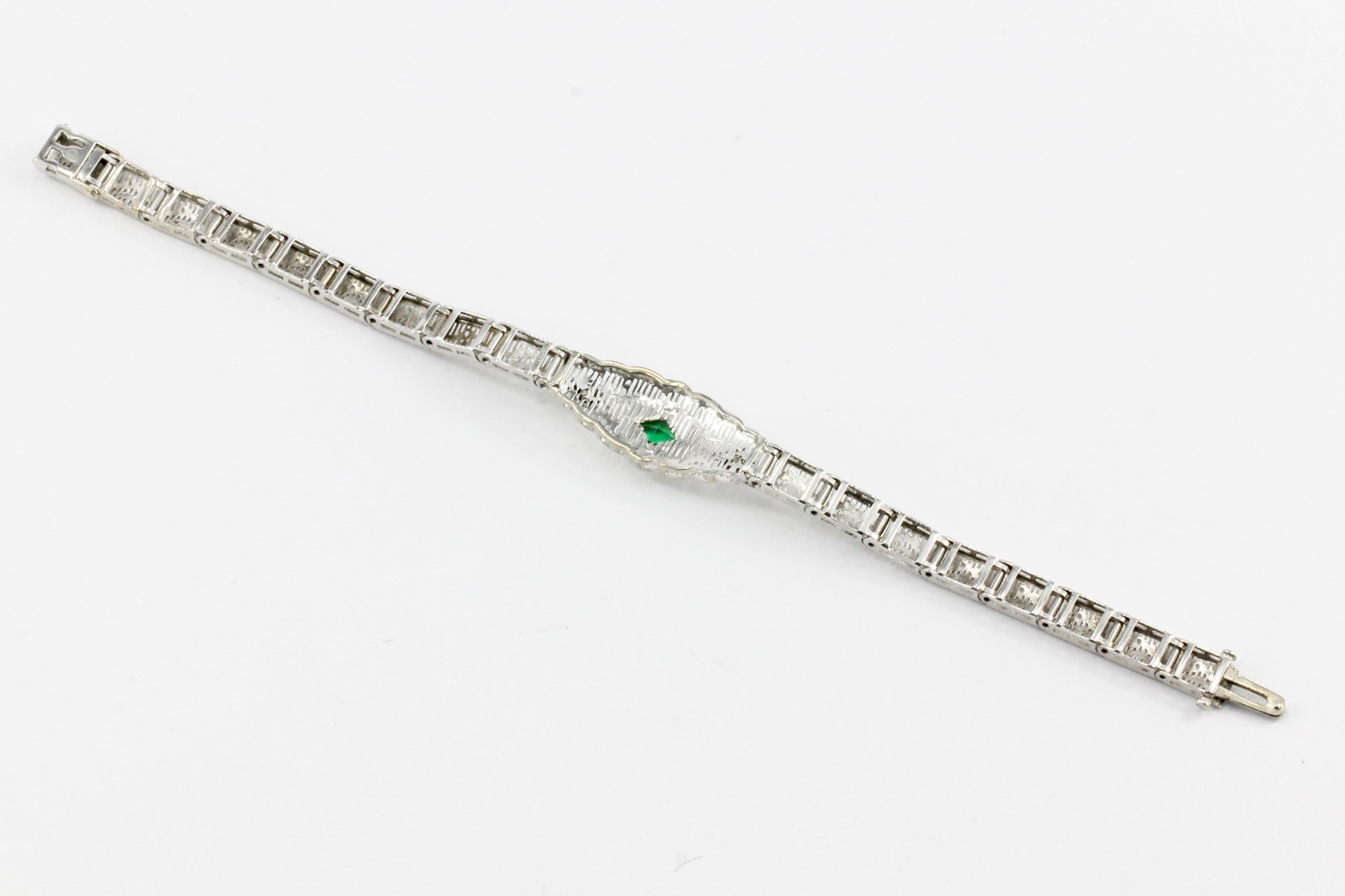 Art Deco 14K White Gold Green Glass Stone & Diamond Filigree Bracelet - Queen May