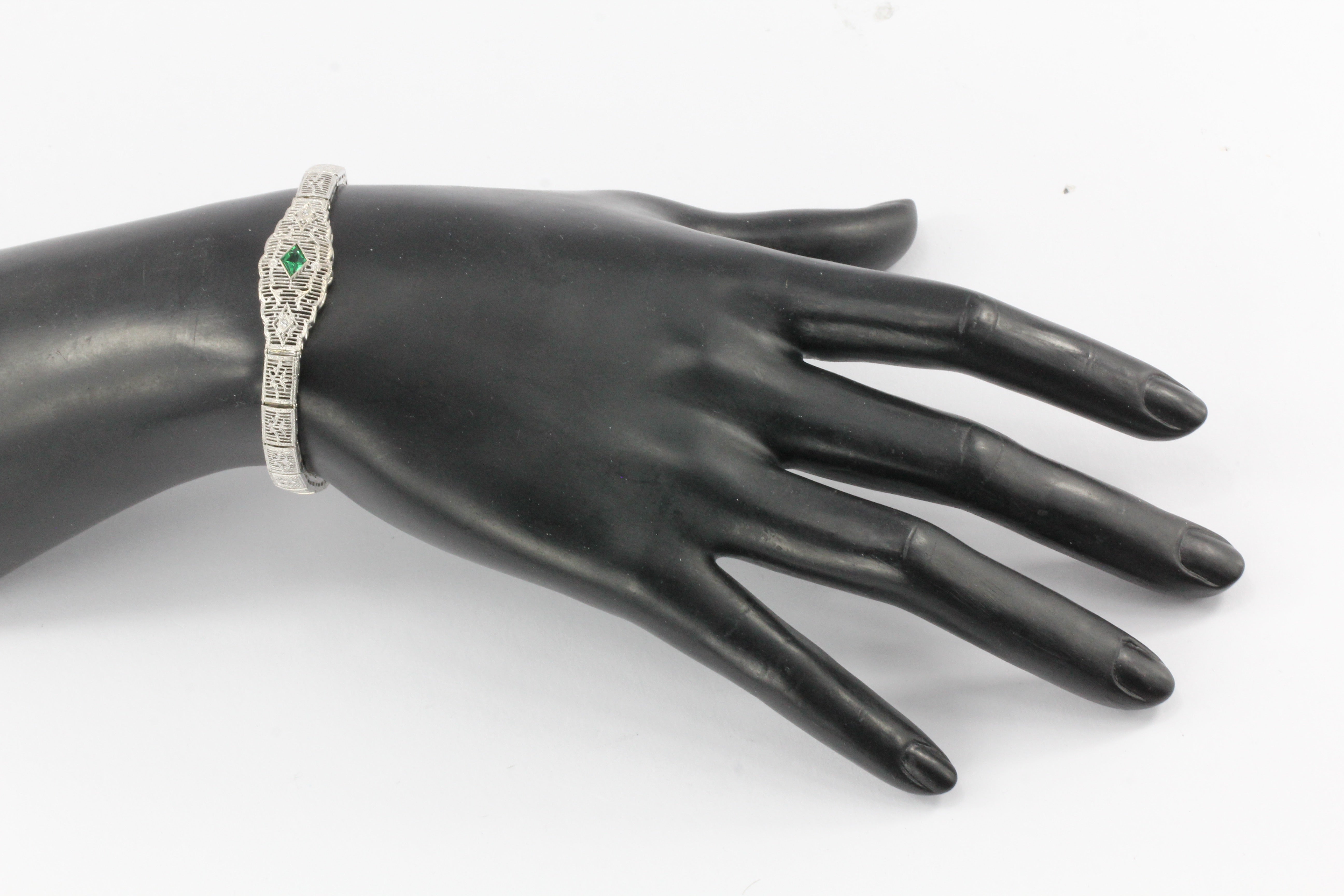 Art Deco 14K White Gold Green Glass Stone & Diamond Filigree Bracelet - Queen May