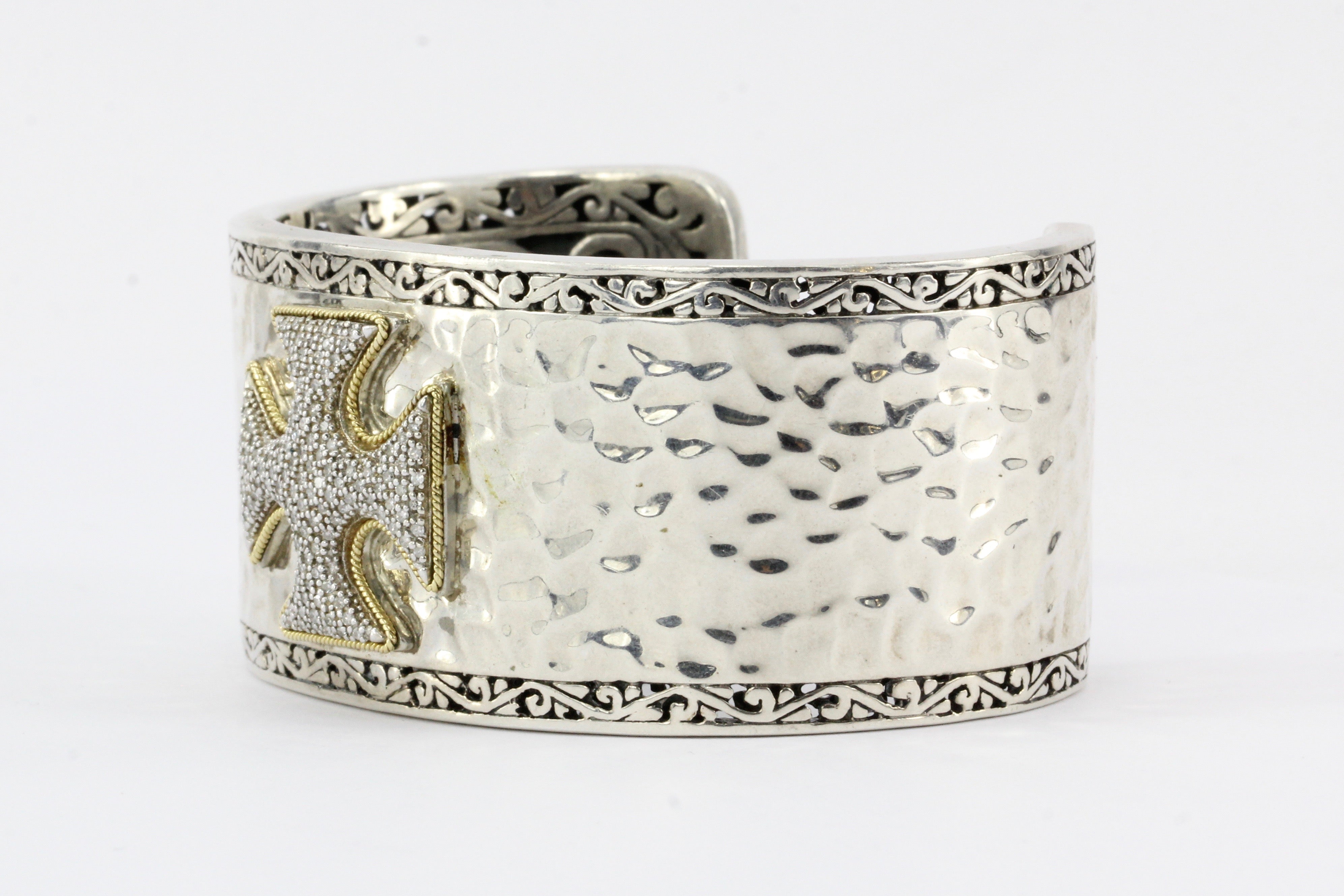 Effy Pave Diamond Two Tone Sterling Silver & 18K Yellow Gold Cross Cuff - Queen May
