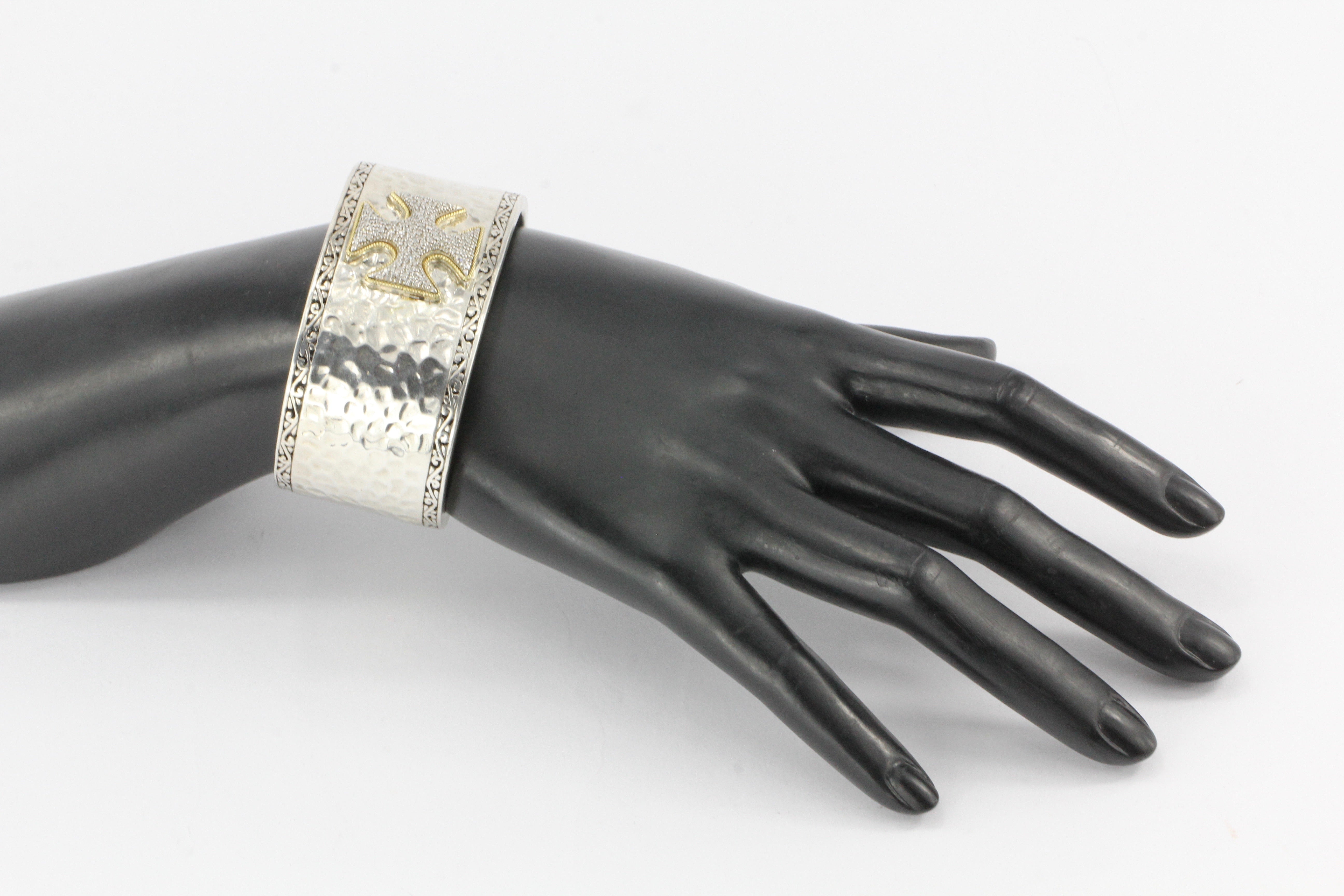 Effy Pave Diamond Two Tone Sterling Silver & 18K Yellow Gold Cross Cuff - Queen May