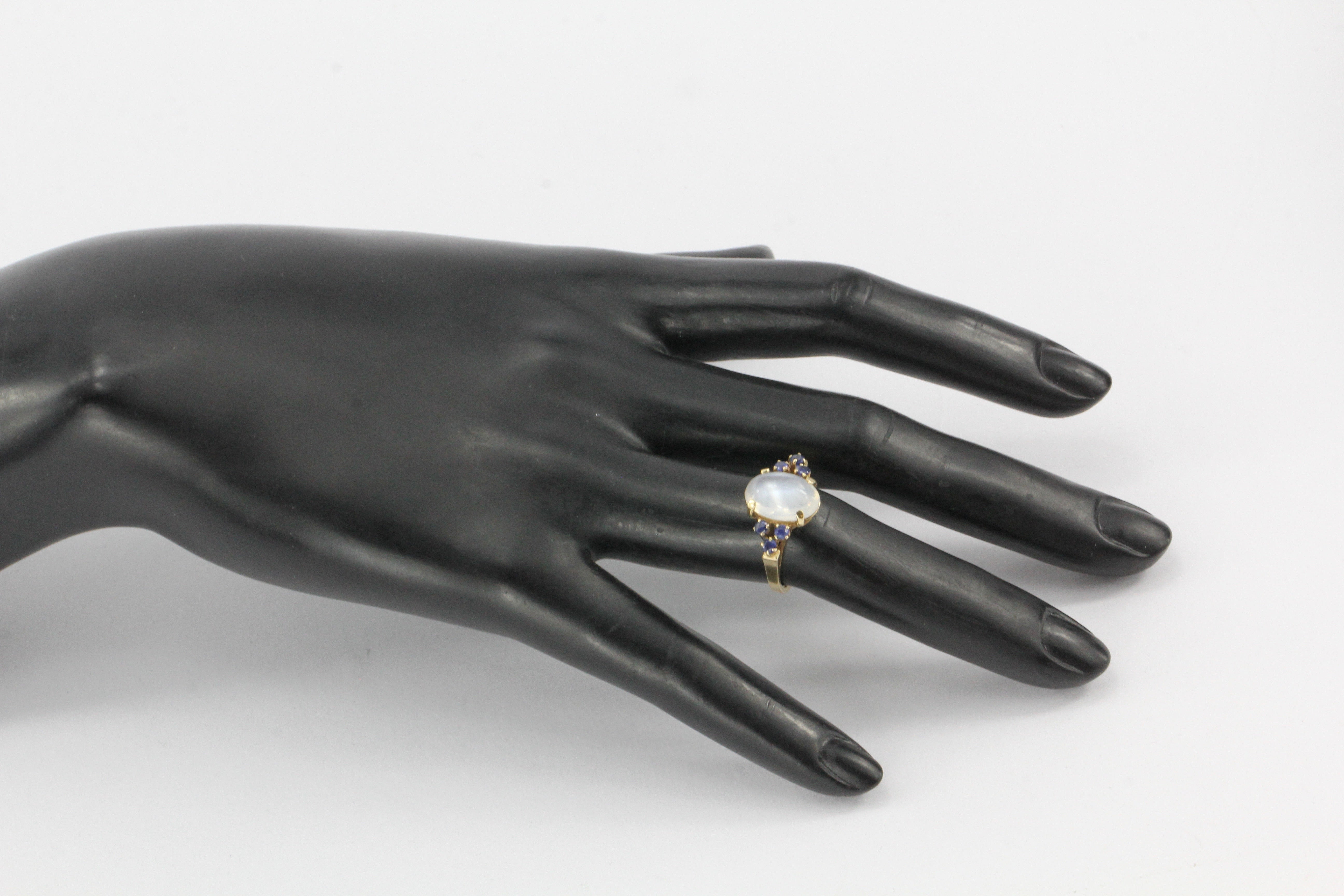 14K Yellow Gold 4 CT Moonstone and Blue Sapphire Ring - Queen May
