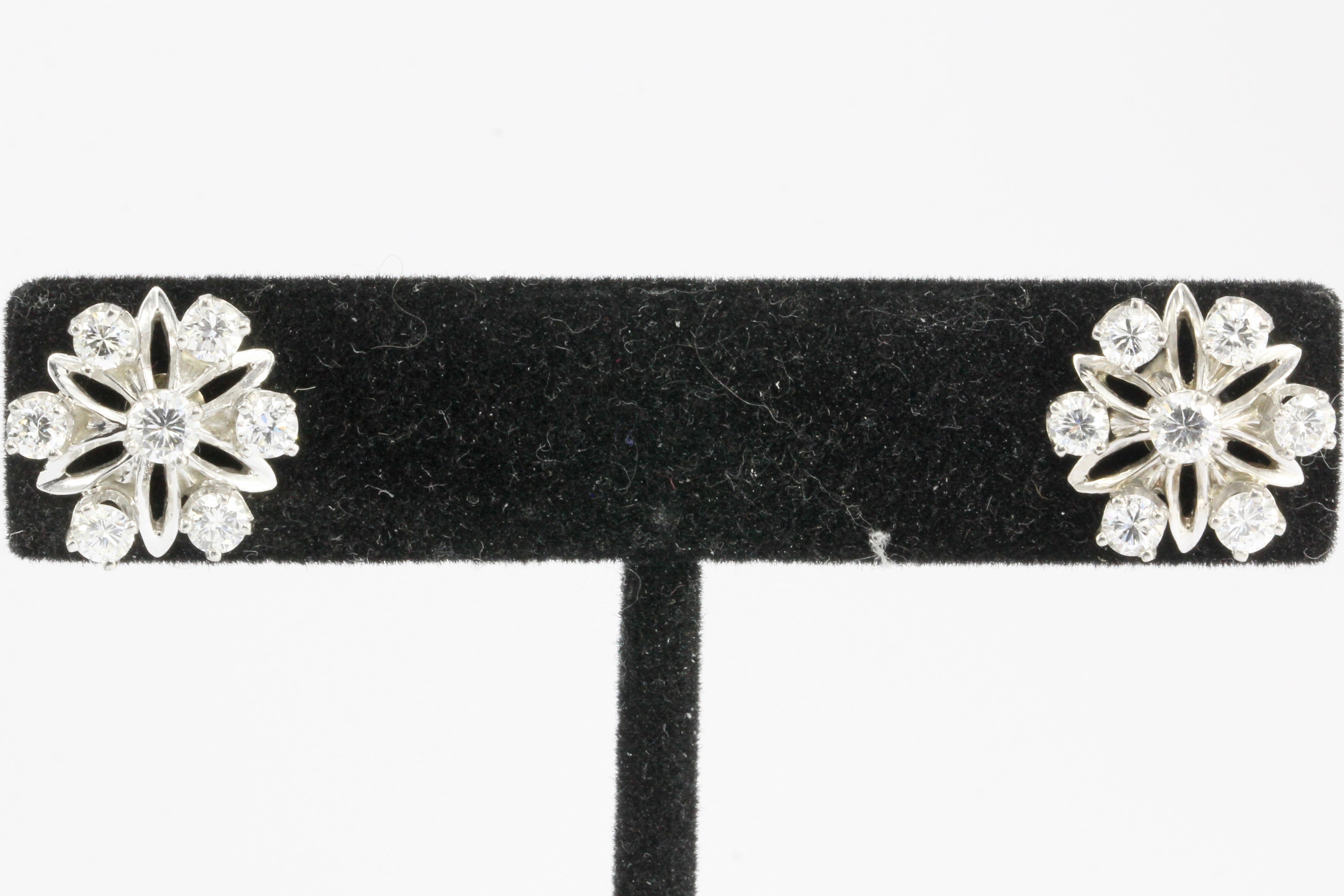 14K White Gold 1.5 CTW Diamond Flower Cluster Earrings - Queen May