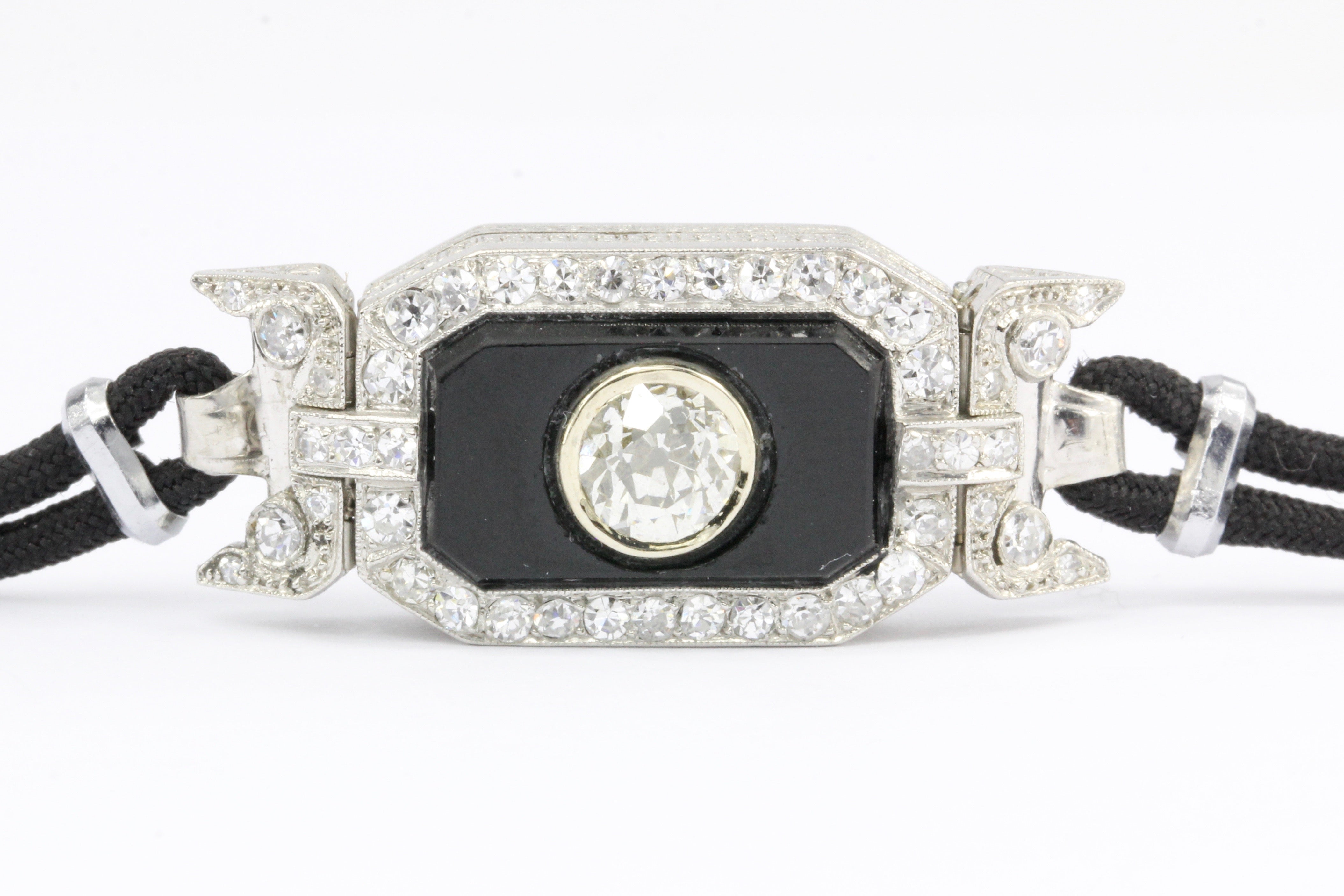 Art Deco Platinum GIA Certified 1.06 CT Diamond & Onyx Watch Conversion Bracelet - Queen May
