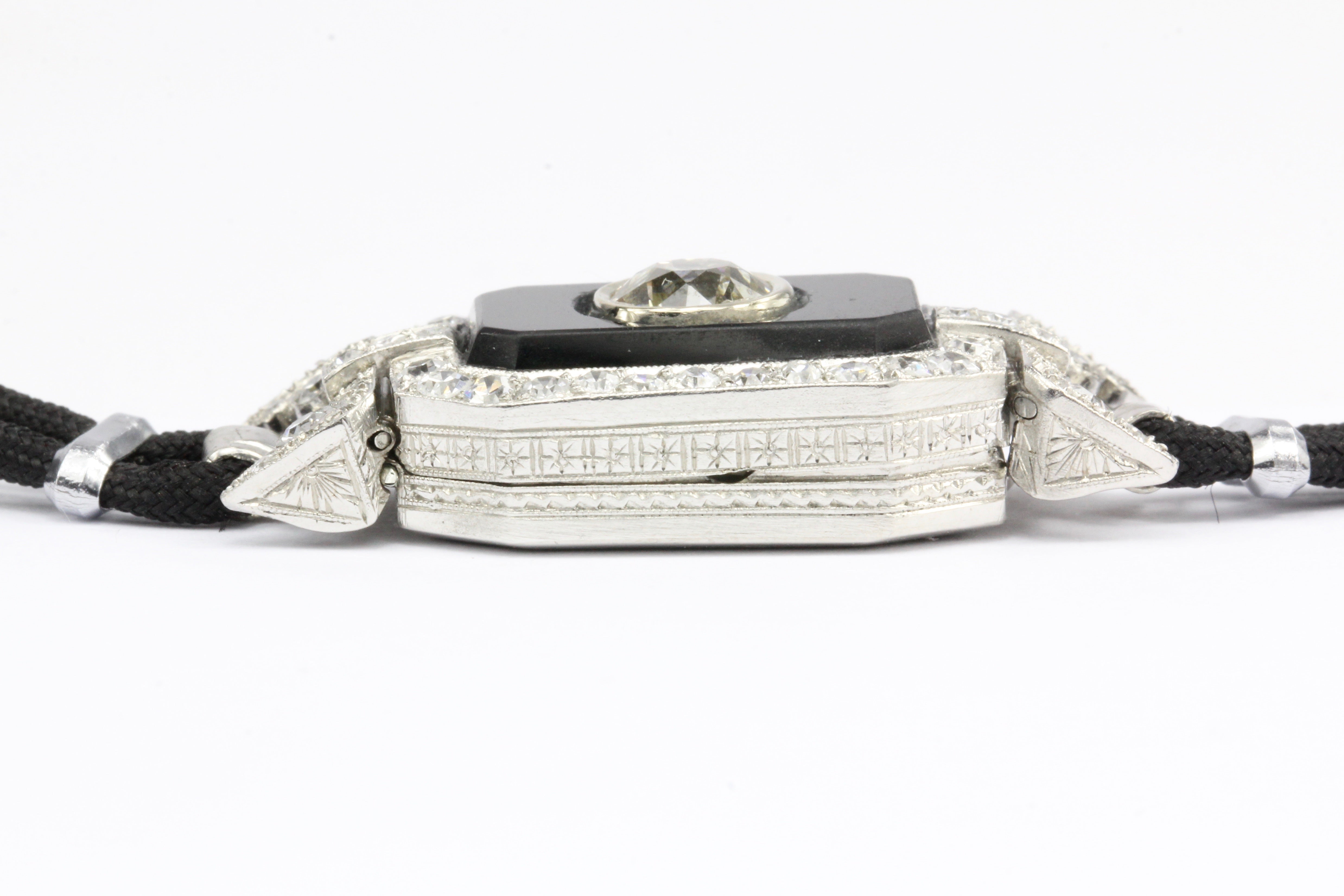 Art Deco Platinum GIA Certified 1.06 CT Diamond & Onyx Watch Conversion Bracelet - Queen May