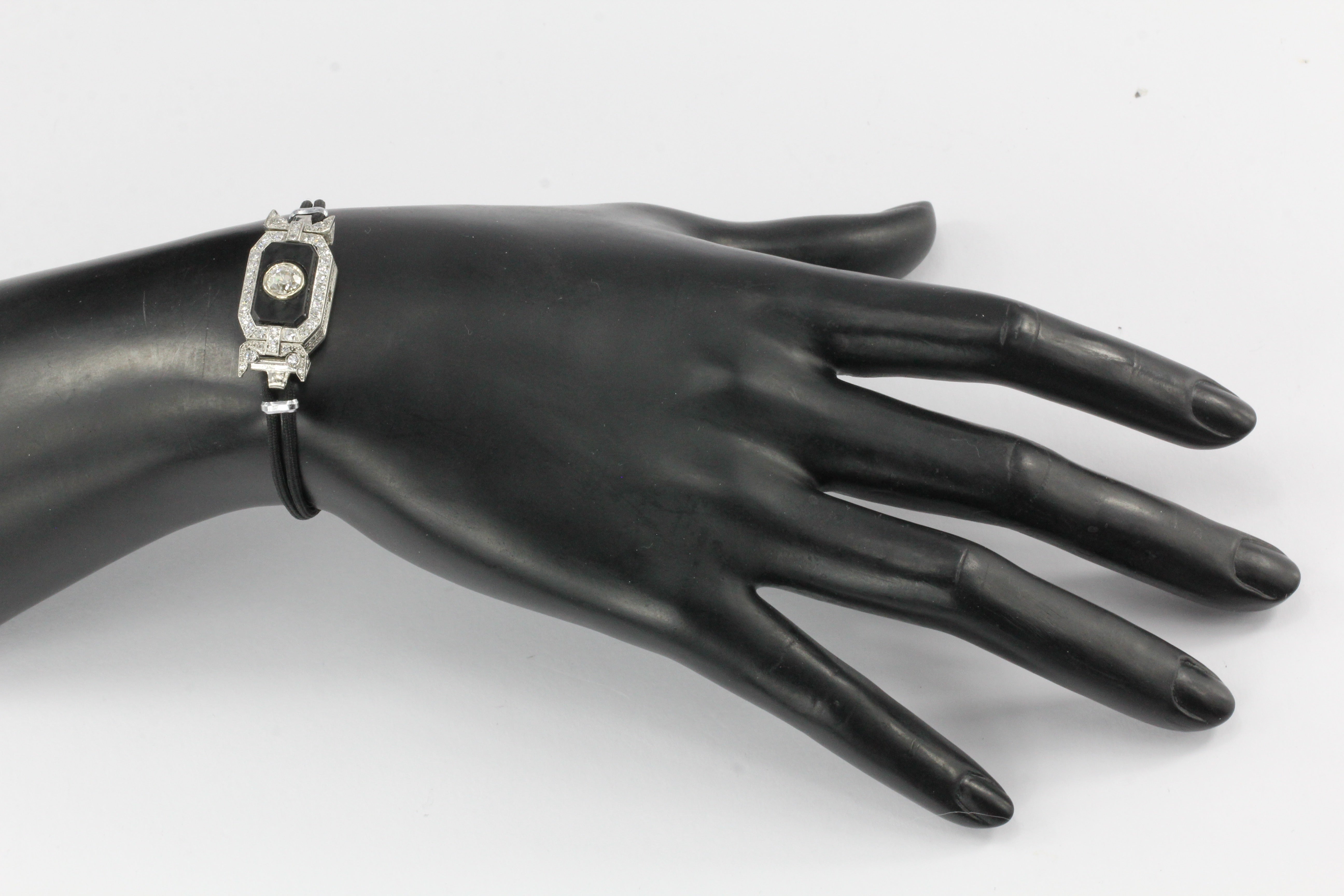 Art Deco Platinum GIA Certified 1.06 CT Diamond & Onyx Watch Conversion Bracelet - Queen May