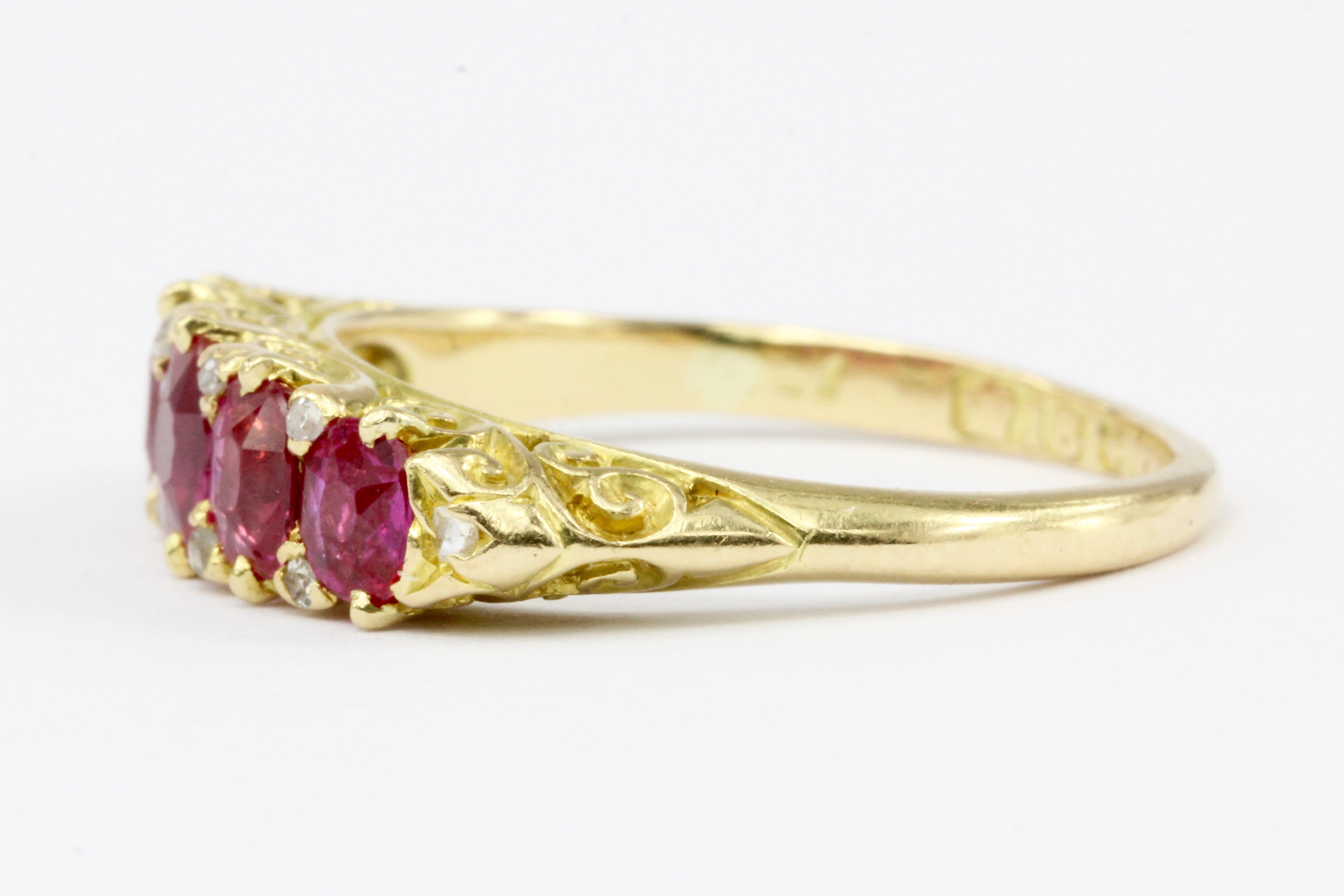 Victorian 18K Yellow Gold Natural No Heat Burma Pink Sapphire Five Stone Half Band Ring Size 7 - Queen May